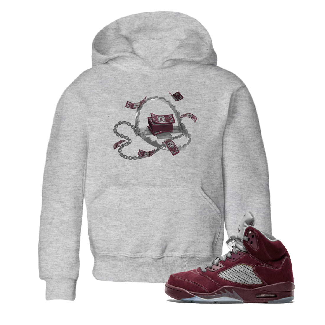 Air Jordan 5 Burgundy Sneaker Match Tees Trap Money Sneaker Tees AJ5 Burgundy Sneaker Release Tees Kids Shirts Heather Grey 1