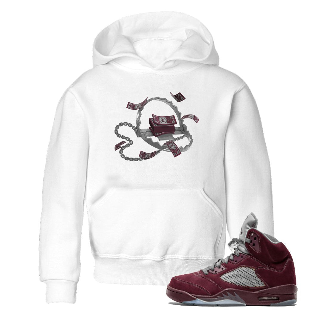 Air Jordan 5 Burgundy Sneaker Match Tees Trap Money Sneaker Tees AJ5 Burgundy Sneaker Release Tees Kids Shirts White 1