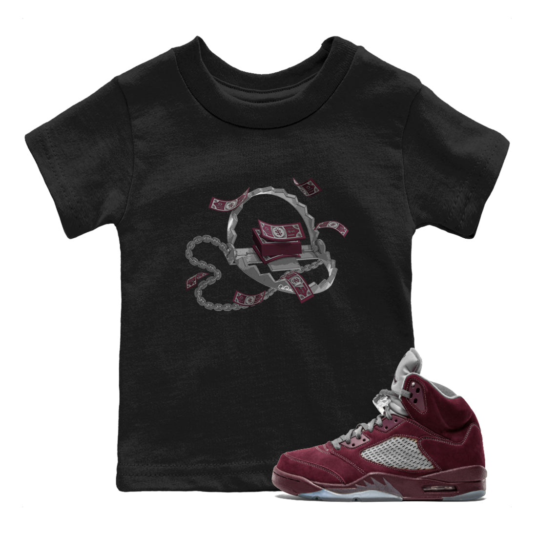 Air Jordan 5 Burgundy Sneaker Match Tees Trap Money Sneaker Tees AJ5 Burgundy Sneaker Release Tees Kids Shirts Black 1