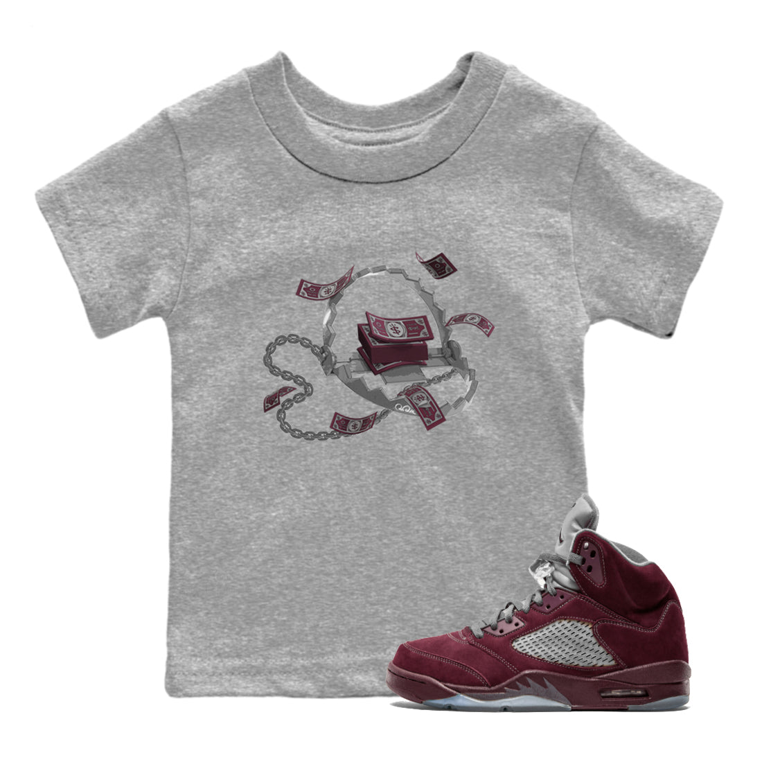 Air Jordan 5 Burgundy Sneaker Match Tees Trap Money Sneaker Tees AJ5 Burgundy Sneaker Release Tees Kids Shirts Heather Grey 1