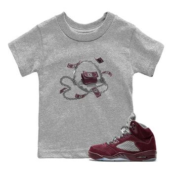 Air Jordan 5 Burgundy Sneaker Match Tees Trap Money Sneaker Tees AJ5 Burgundy Sneaker Release Tees Kids Shirts Heather Grey 1