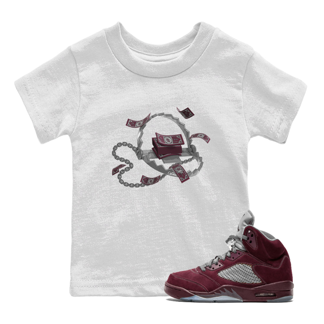 Air Jordan 5 Burgundy Sneaker Match Tees Trap Money Sneaker Tees AJ5 Burgundy Sneaker Release Tees Kids Shirts White 1