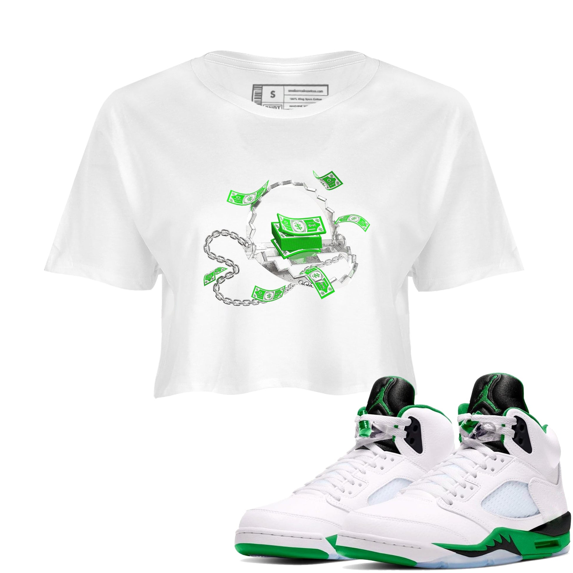 Air Jordan 5 Lucky Green shirt to match jordans Trap Money sneaker tees AJ5 Lucky Green SNRT Sneaker Release Tees White 1 crop length shirt