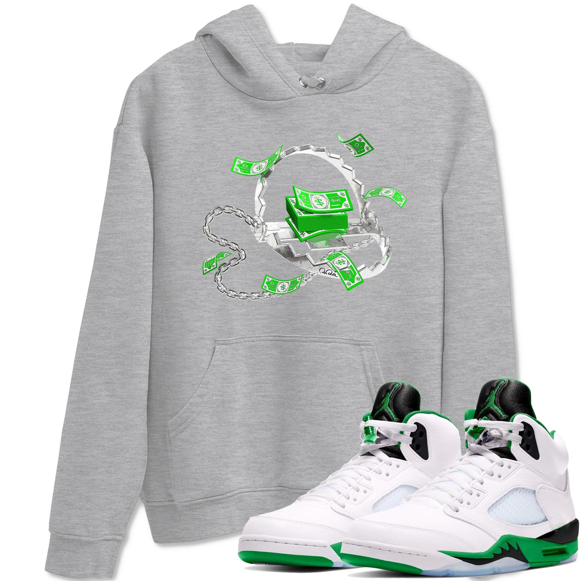Air Jordan 5 Lucky Green shirt to match jordans Trap Money sneaker tees AJ5 Lucky Green SNRT Sneaker Release Tees unisex cotton Heather Grey 1 crew neck shirt
