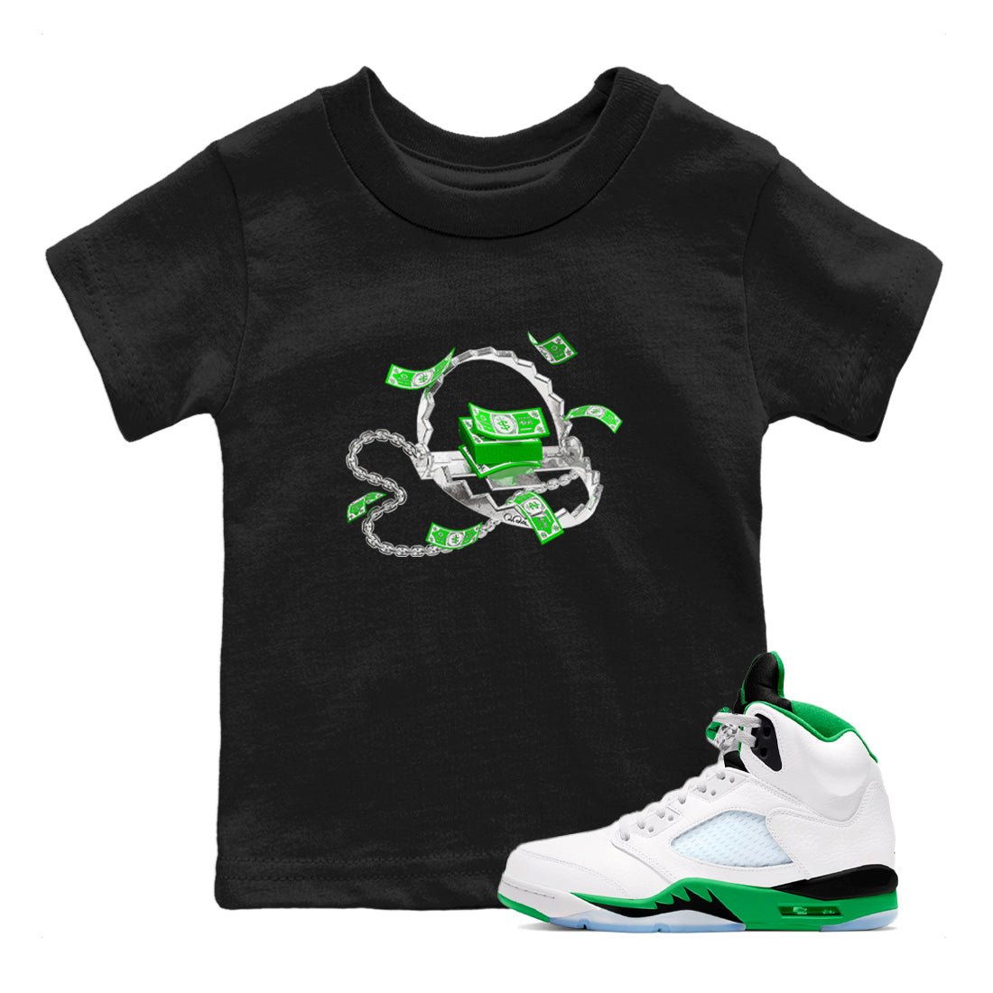 Air Jordan 5 Lucky Green shirt to match jordans Trap Money sneaker tees AJ5 Lucky Green SNRT sneaker release tees baby toddler Black 1 cotton Shirt