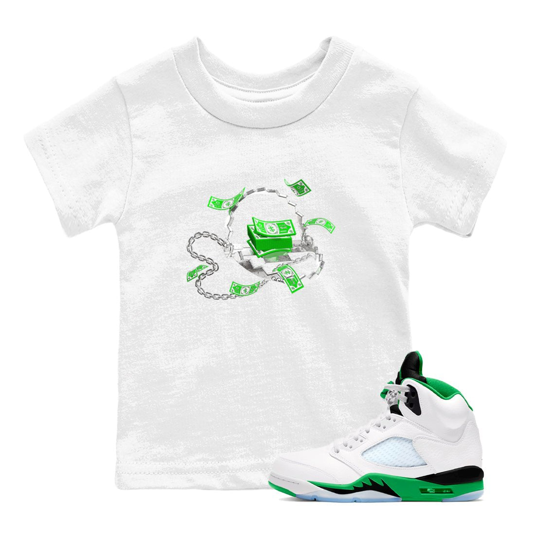 Air Jordan 5 Lucky Green shirt to match jordans Trap Money sneaker tees AJ5 Lucky Green SNRT sneaker release tees baby toddler White 1 cotton Shirt