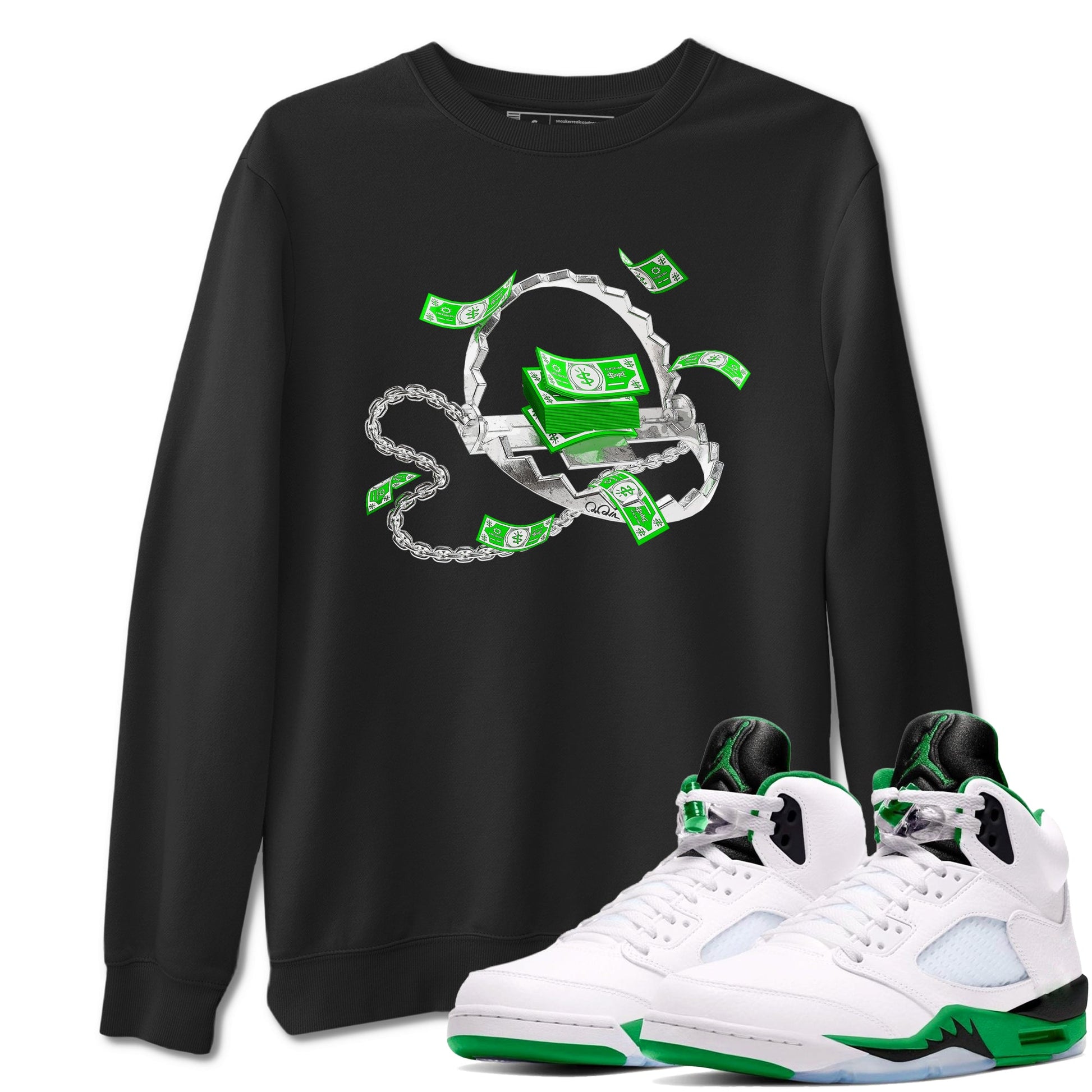 Air Jordan 5 Lucky Green shirt to match jordans Trap Money sneaker tees AJ5 Lucky Green SNRT Sneaker Release Tees unisex cotton Black 1 crew neck shirt