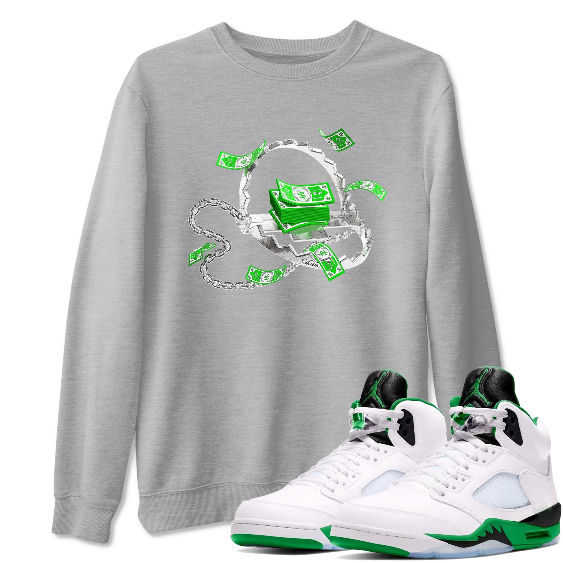 Air Jordan 5 Lucky Green shirt to match jordans Trap Money sneaker tees AJ5 Lucky Green SNRT Sneaker Release Tees unisex cotton Heather Grey 1 crew neck shirt