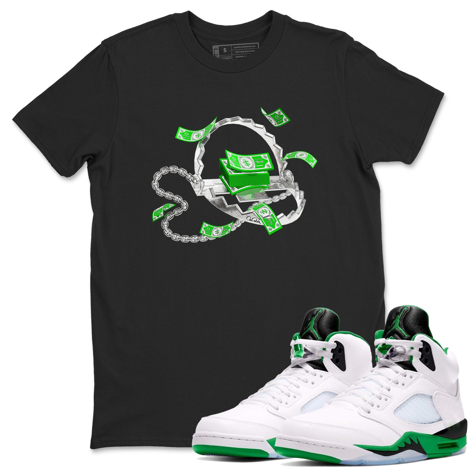 Air Jordan 5 Lucky Green shirt to match jordans Trap Money sneaker tees AJ5 Lucky Green SNRT Sneaker Release Tees unisex cotton Black 1 crew neck shirt