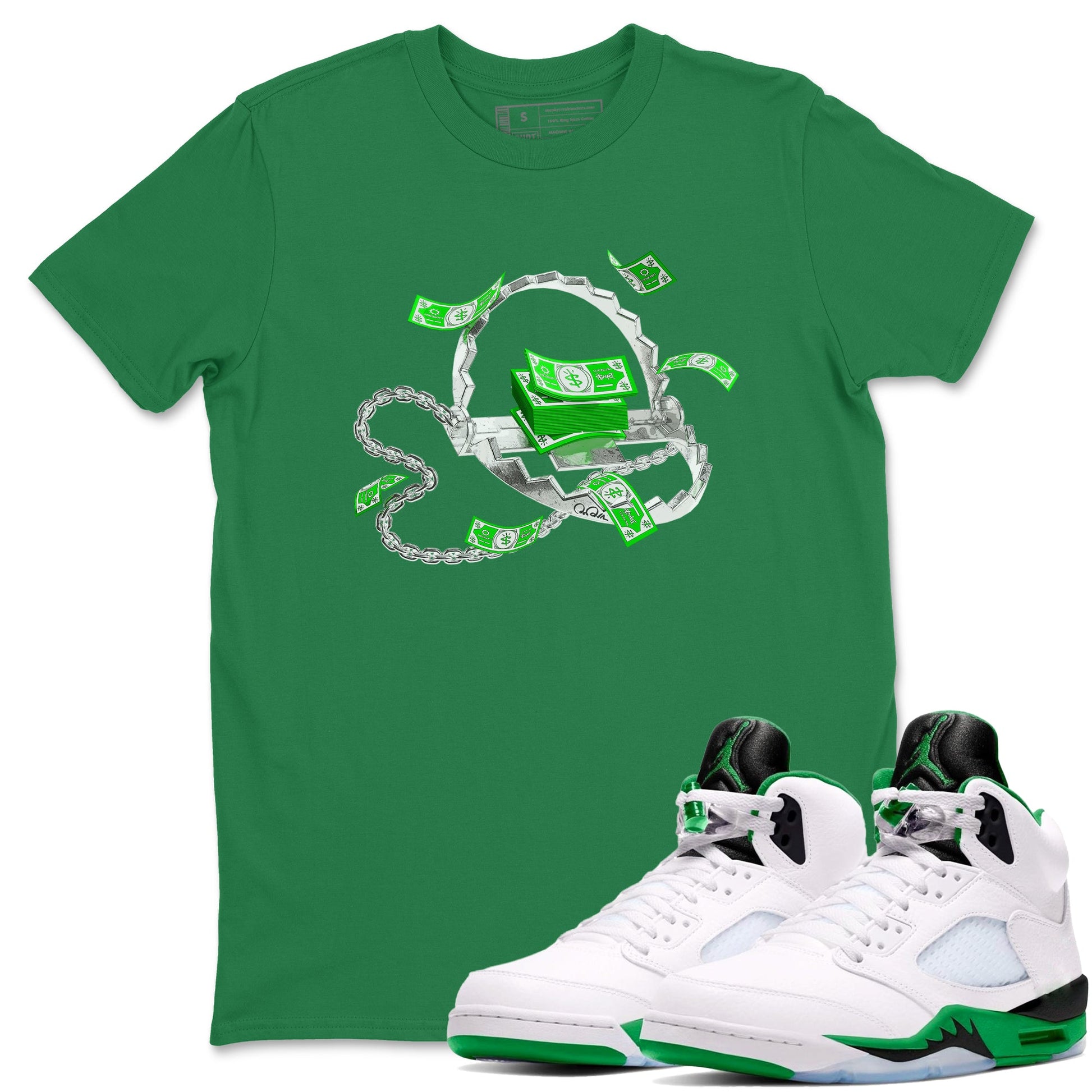 Air Jordan 5 Lucky Green shirt to match jordans Trap Money sneaker tees AJ5 Lucky Green SNRT Sneaker Release Tees unisex cotton Kelly Green 1 crew neck shirt