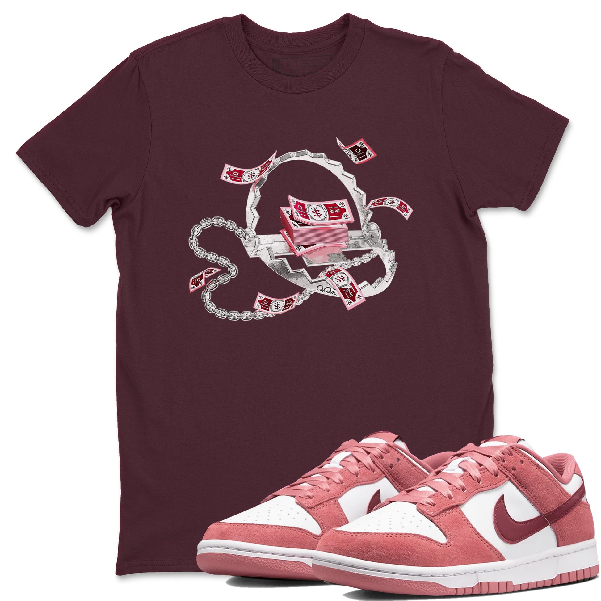Dunk Valentines Day 2024 shirt to match jordans Trap Money sneaker tees Valentines Day Gift SNRT Sneaker Release Tees unisex cotton Maroon 1 crew neck shirt