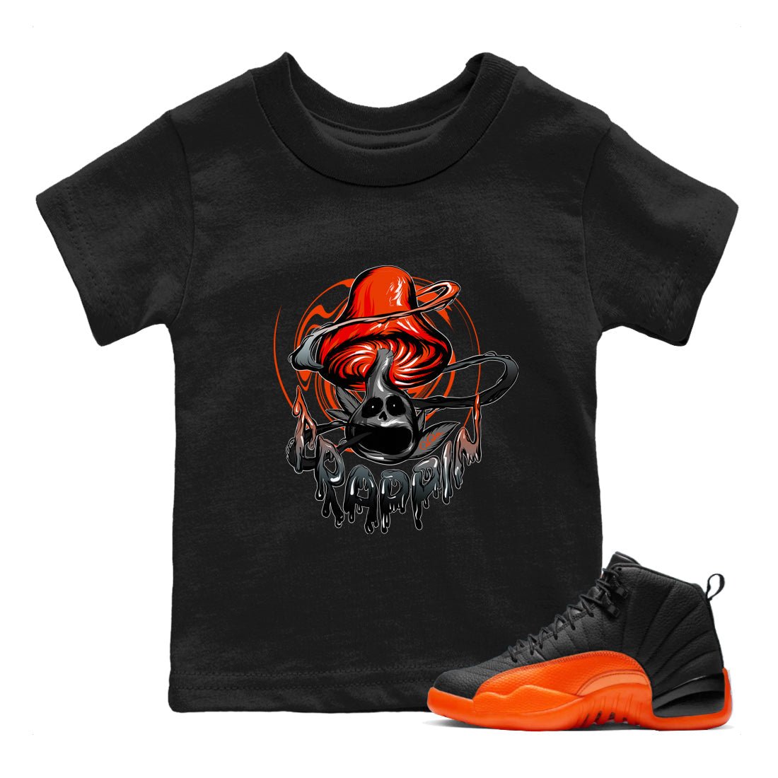 Air Jordan 12 Brilliant Orange Sneaker Match Tees Trippin Mushroom Sneaker Tees AJ12 Brilliant Orange Sneaker Release Tees Kids Shirts Black 1