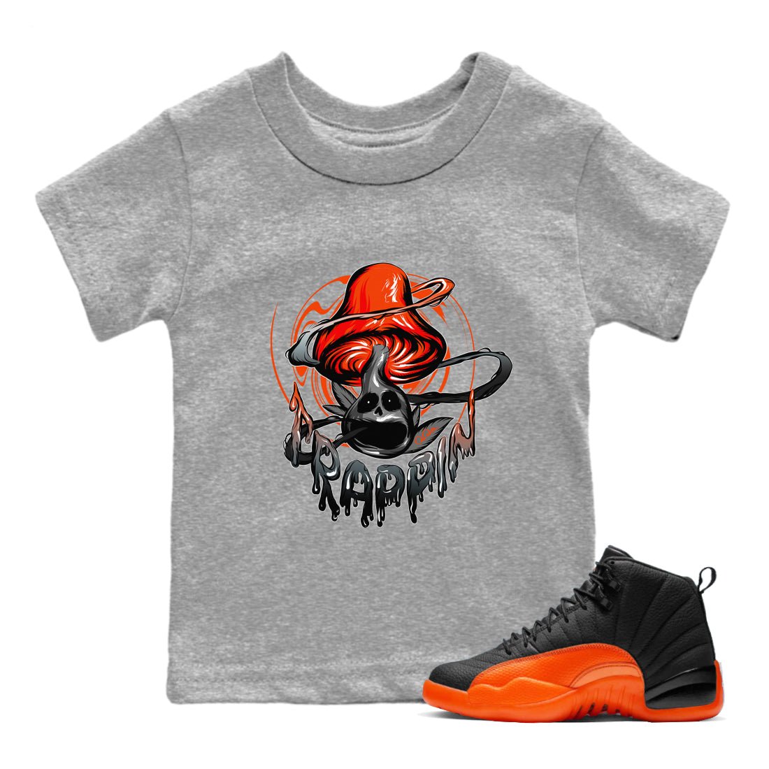 Air Jordan 12 Brilliant Orange Trippin Mushroom Baby and Kids Sneaker Tees AJ12 Brilliant Orange Kids Sneaker Tees Size Chart
