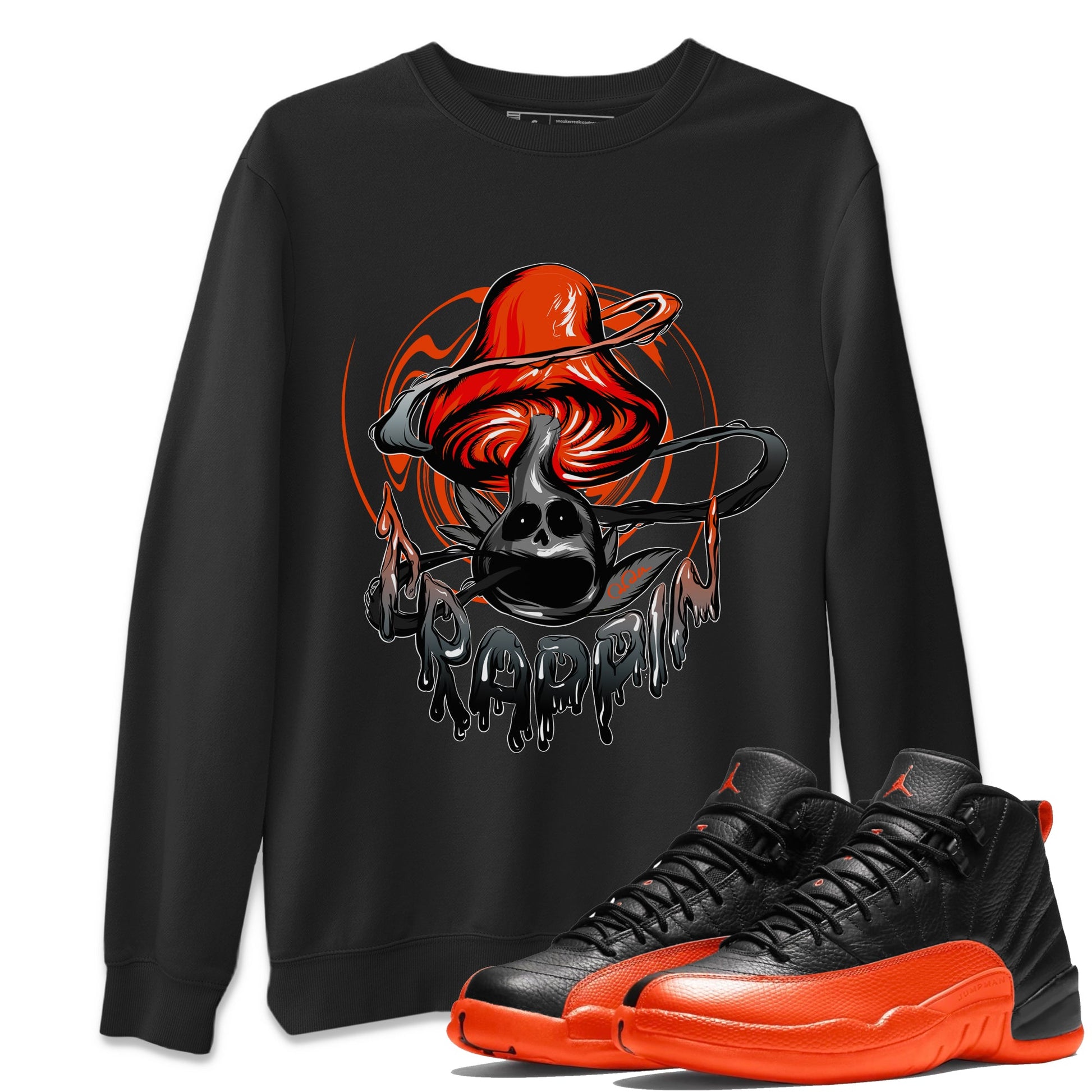 Air Jordan 12 Brilliant Orange Sneaker Match Tees Trippin Mushroom Sneaker Tees AJ12 Brilliant Orange Sneaker Release Tees Unisex Shirts Black 1