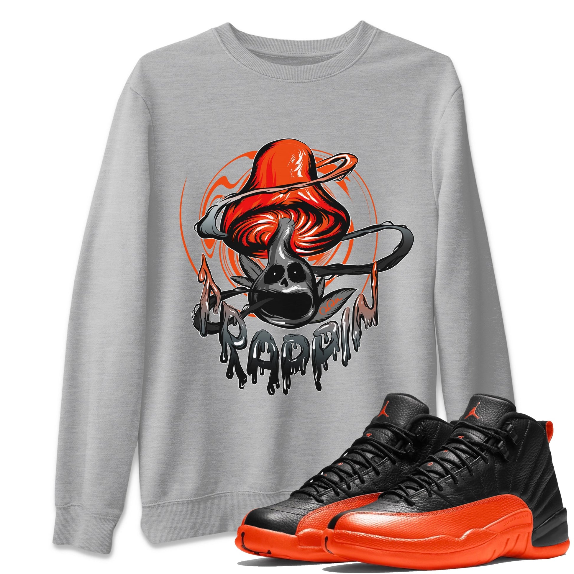 Air Jordan 12 Brilliant Orange Sneaker Match Tees Trippin Mushroom Sneaker Tees AJ12 Brilliant Orange Sneaker Release Tees Unisex Shirts Heather Grey 1