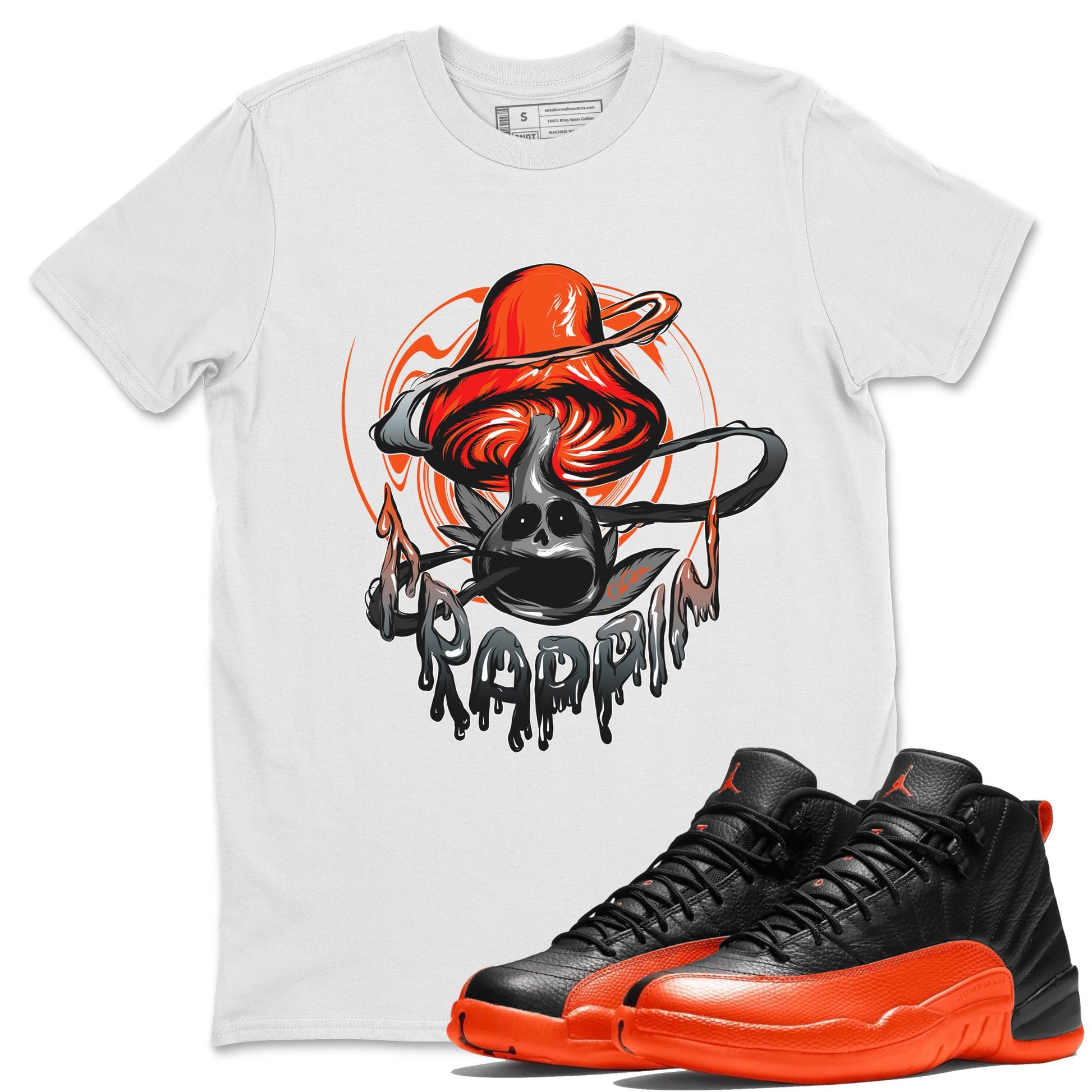 Air Jordan 12 Brilliant Orange Sneaker Match Tees Trippin Mushroom Sneaker Tees AJ12 Brilliant Orange Sneaker Release Tees Unisex Shirts White 1
