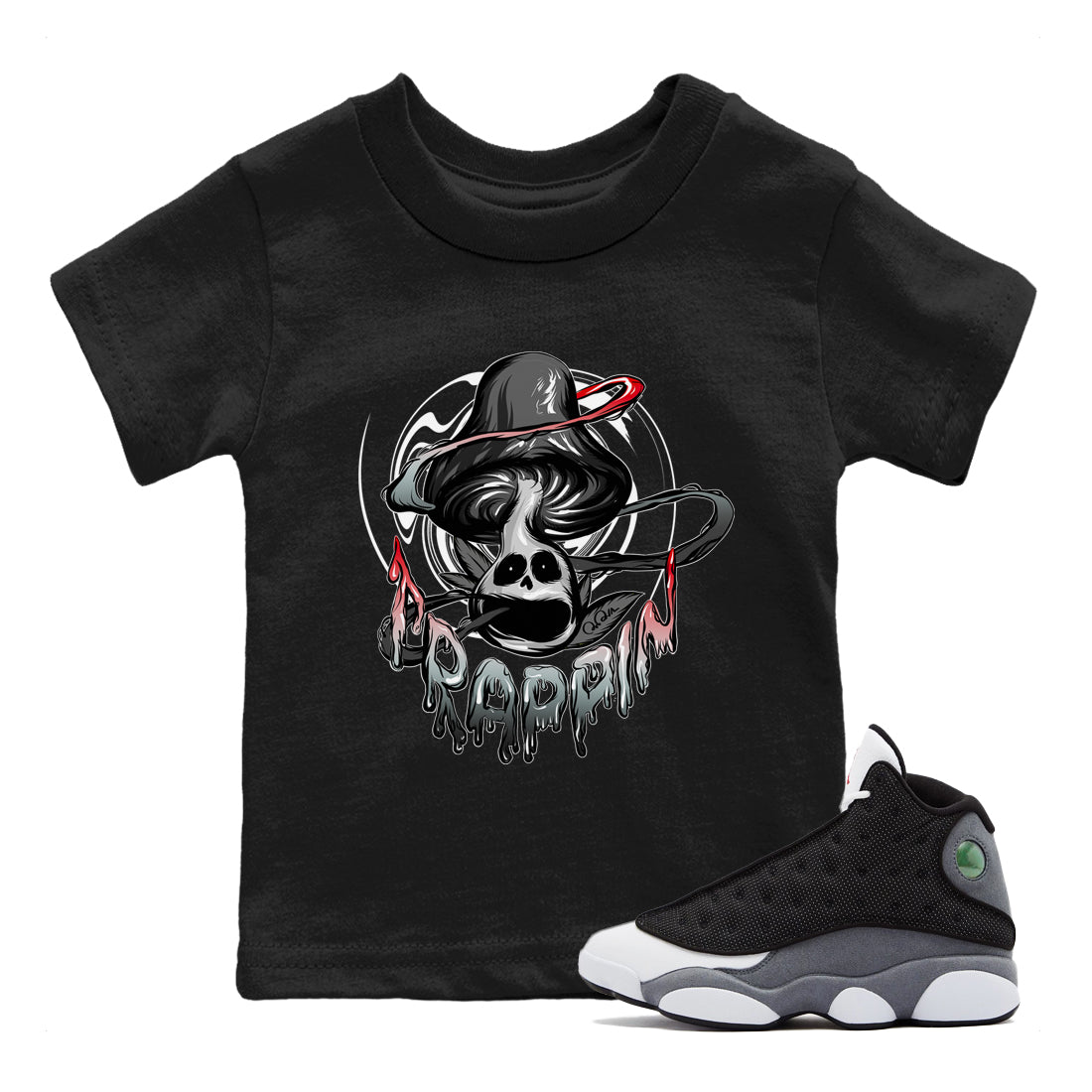 Air Jordan 13 Black Flint Sneaker Match Tees Trippin Mushroom Sneaker Tees AJ13 Retro Black Flint Sneaker Release Tees Kids Shirts Black 1