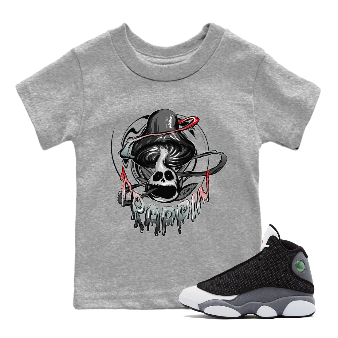 Air Jordan 13 Black Flint Sneaker Match Tees Trippin Mushroom Sneaker Tees AJ13 Retro Black Flint Sneaker Release Tees Kids Shirts Heather Grey 1