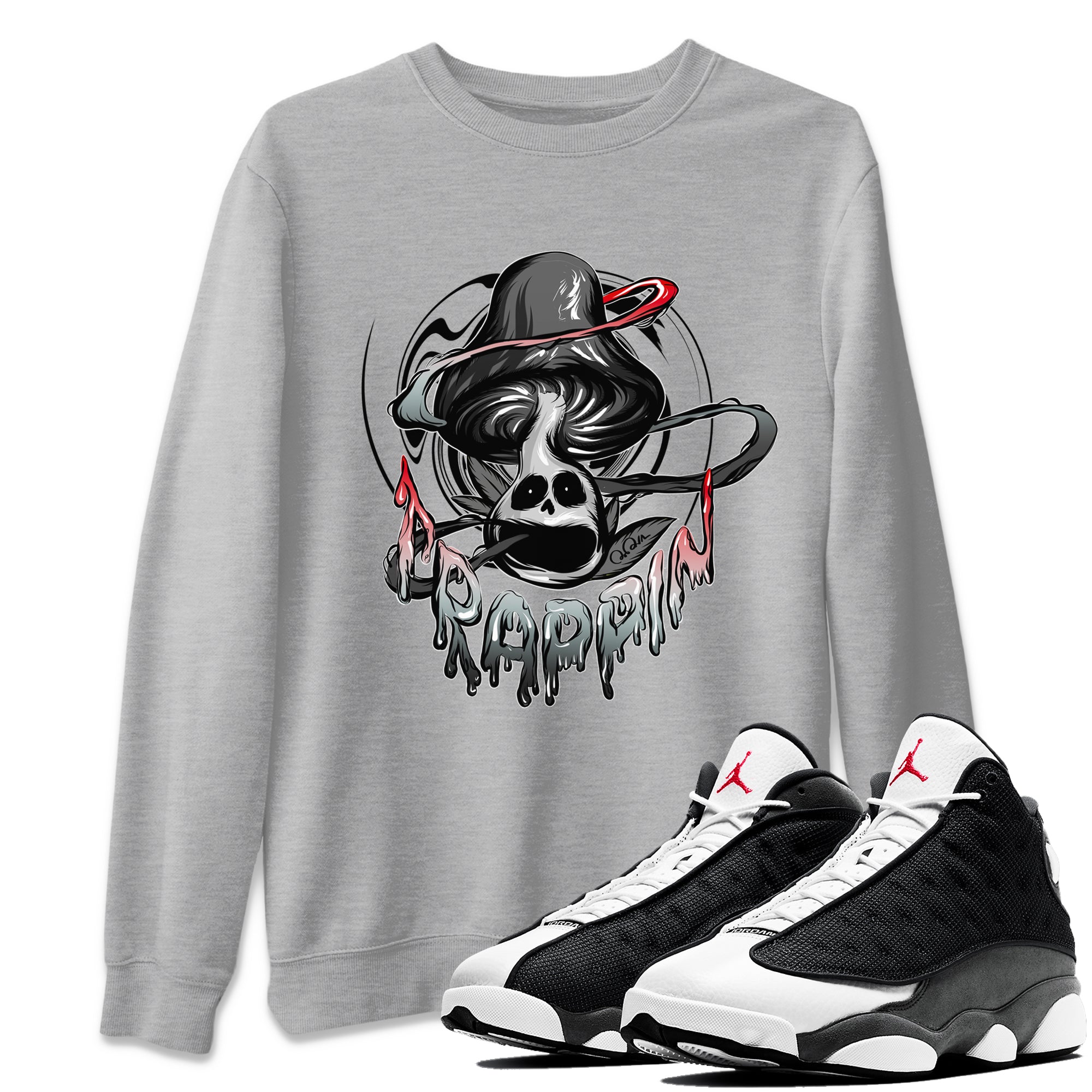 Air Jordan 13 Black Flint Sneaker Match Tees Trippin Mushroom Sneaker Tees AJ13 Retro Black Flint Sneaker Release Tees Unisex Shirts Heather Grey 1