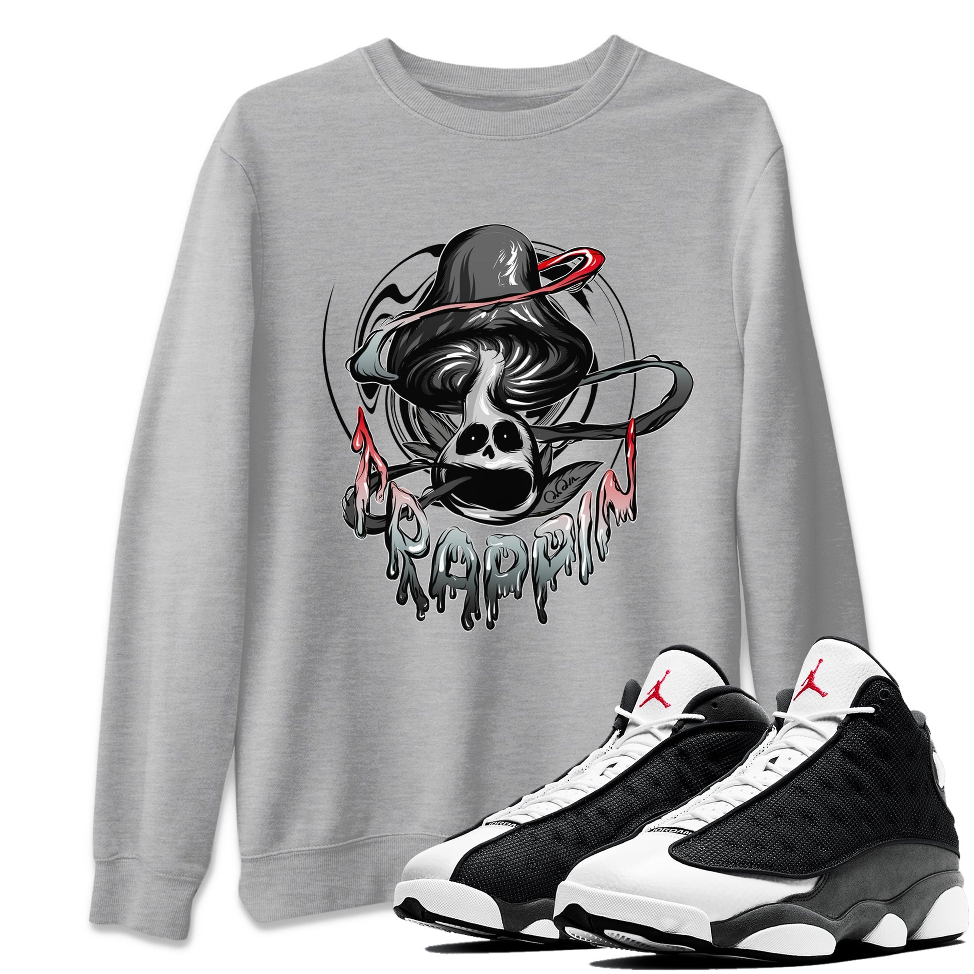 Air Jordan 13 Black Flint Sneaker Match Tees Trippin Mushroom Sneaker Tees AJ13 Retro Black Flint Sneaker Release Tees Unisex Shirts Heather Grey 1