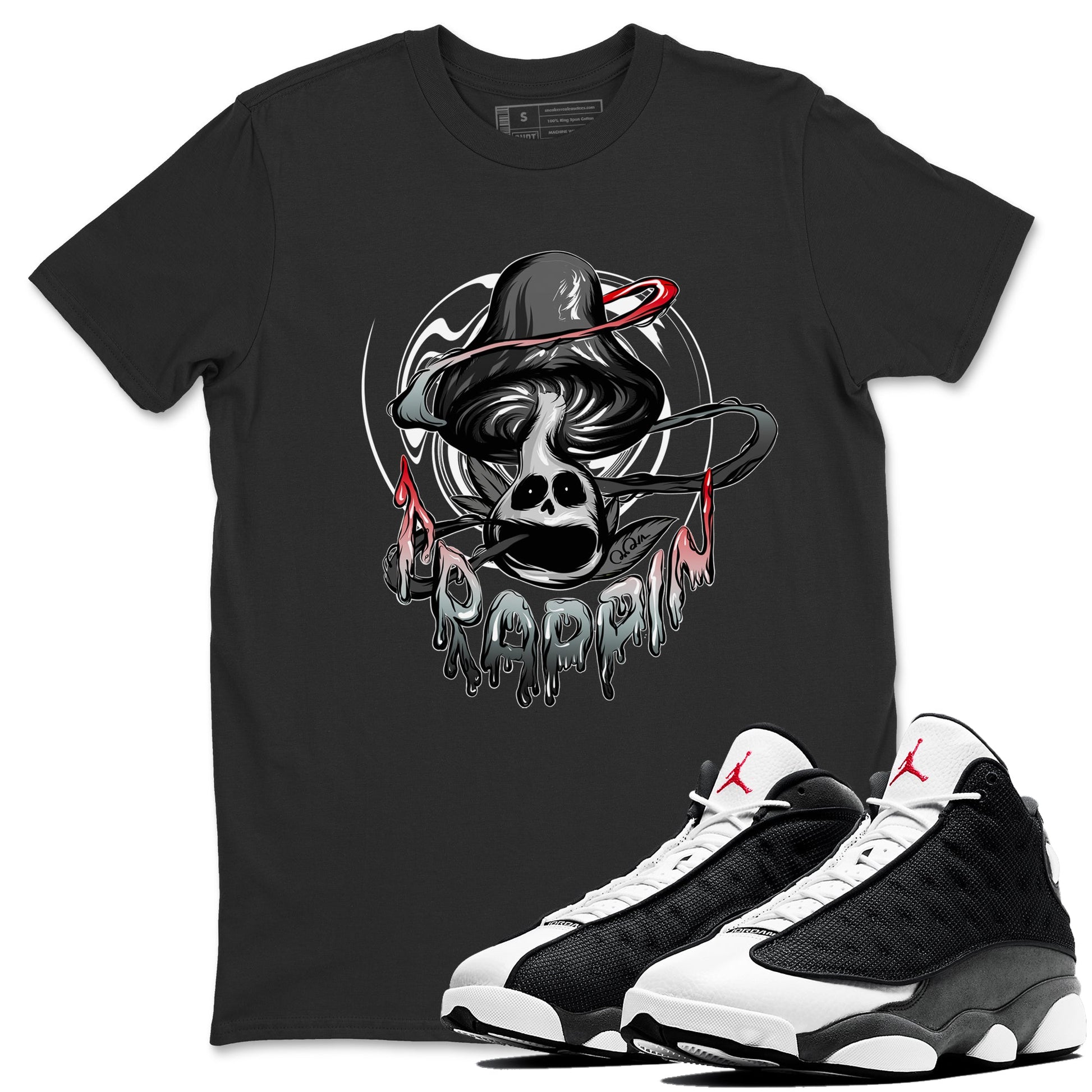 Air Jordan 13 Black Flint Sneaker Match Tees Trippin Mushroom Sneaker Tees AJ13 Retro Black Flint Sneaker Release Tees Unisex Shirts Black 1