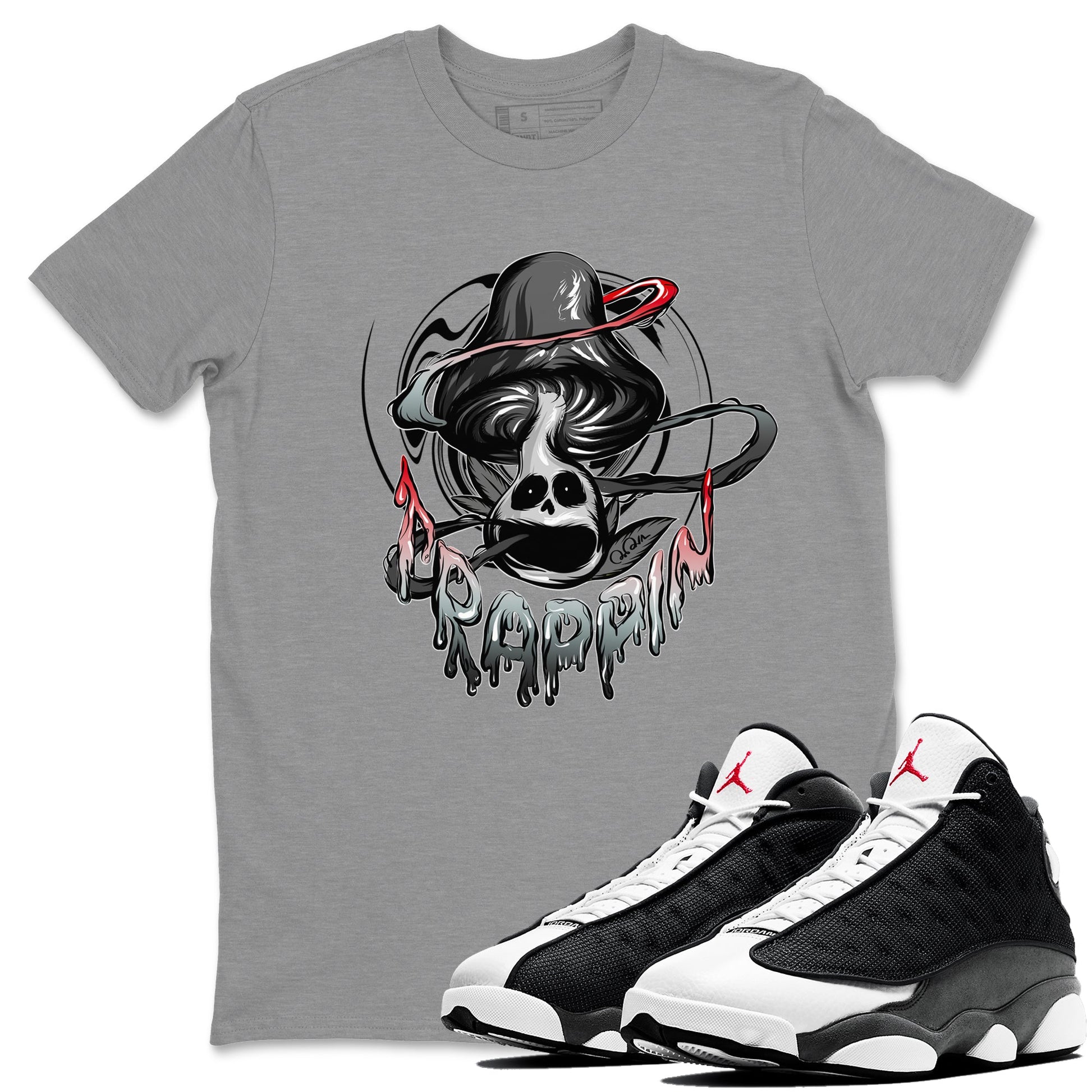 Air Jordan 13 Black Flint Sneaker Match Tees Trippin Mushroom Sneaker Tees AJ13 Retro Black Flint Sneaker Release Tees Unisex Shirts Heather Grey 1