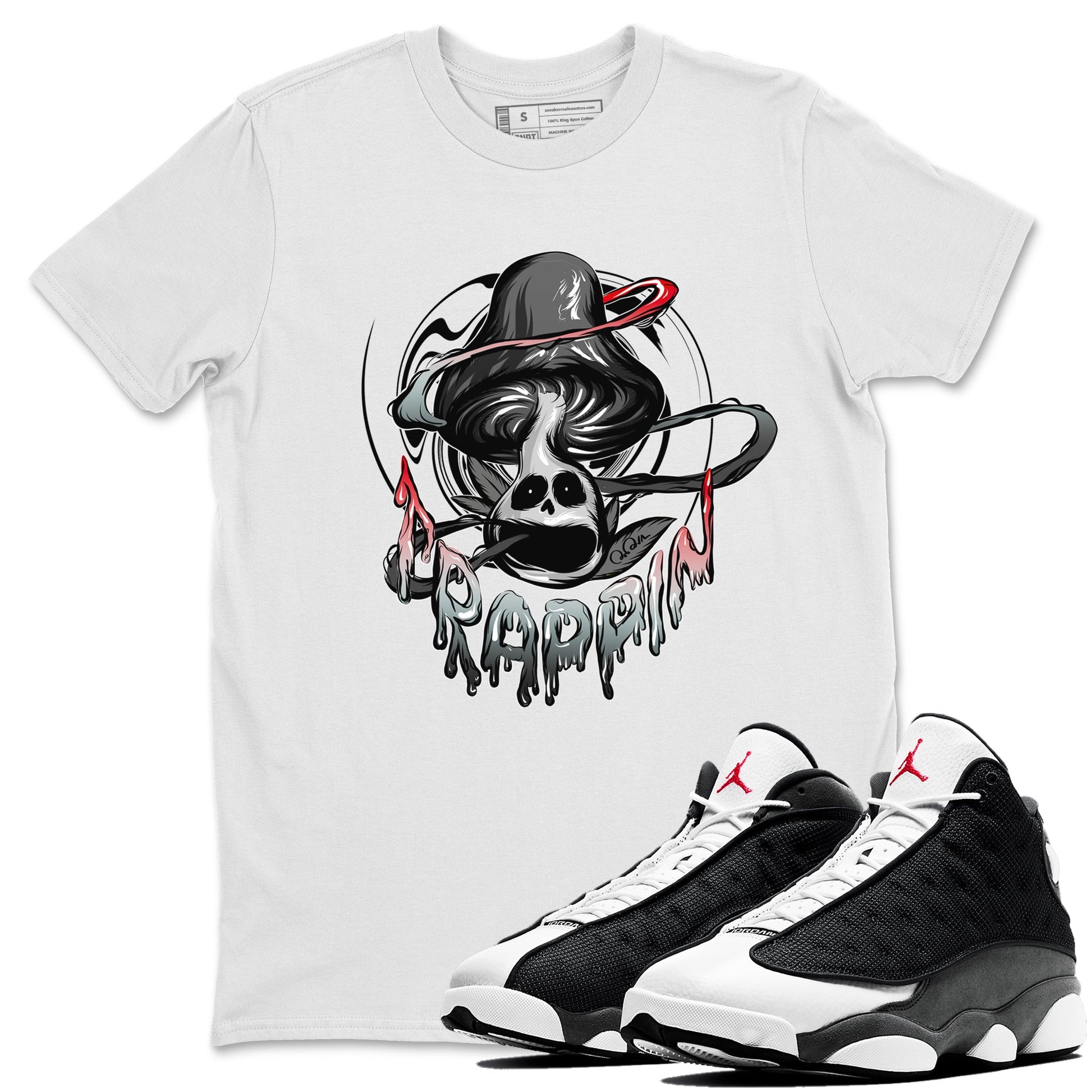 Air Jordan 13 Black Flint Sneaker Match Tees Trippin Mushroom Sneaker Tees AJ13 Retro Black Flint Sneaker Release Tees Unisex Shirts White 1