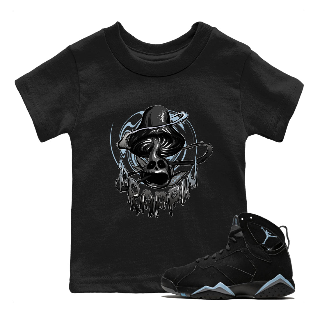 Air Jordan 7 Chambray Sneaker Match Tees Trippin Mushroom Sneaker Tees AJ7 Chambray Sneaker Release Tees Kids Shirts Black 1