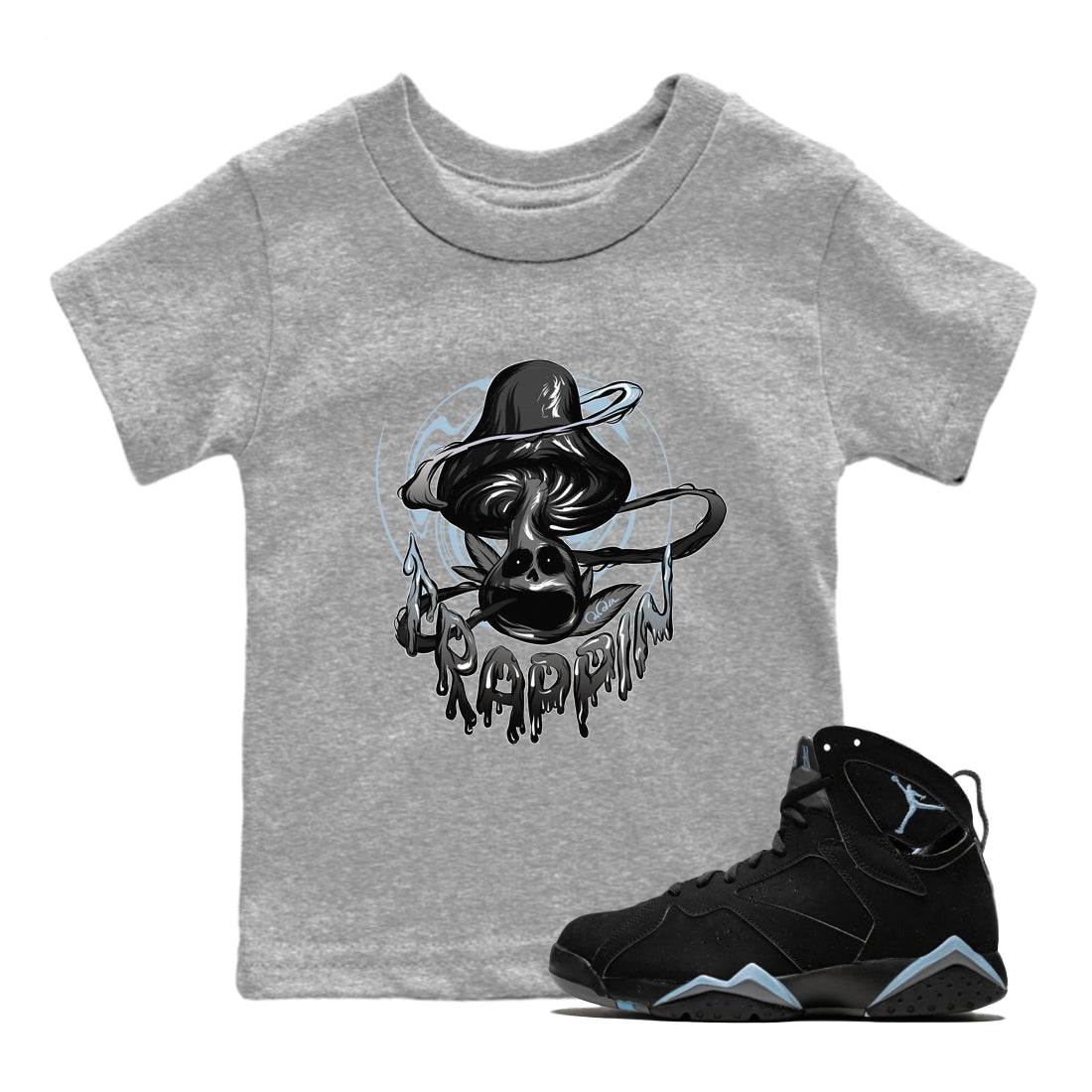 Air Jordan 7 Chambray Sneaker Match Tees Trippin Mushroom Sneaker Tees AJ7 Chambray Sneaker Release Tees Kids Shirts Heather Grey 1