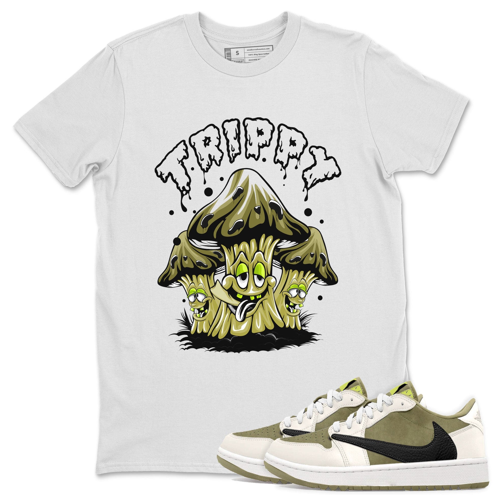 Air Jordan 1 Low X Travis Scott Golf X Olive shirt to match jordans Trippy sneaker tees Air Jordan 1 Travis Scott Golf Olive SNRT Sneaker Release Tees Unisex White 1 T-Shirt
