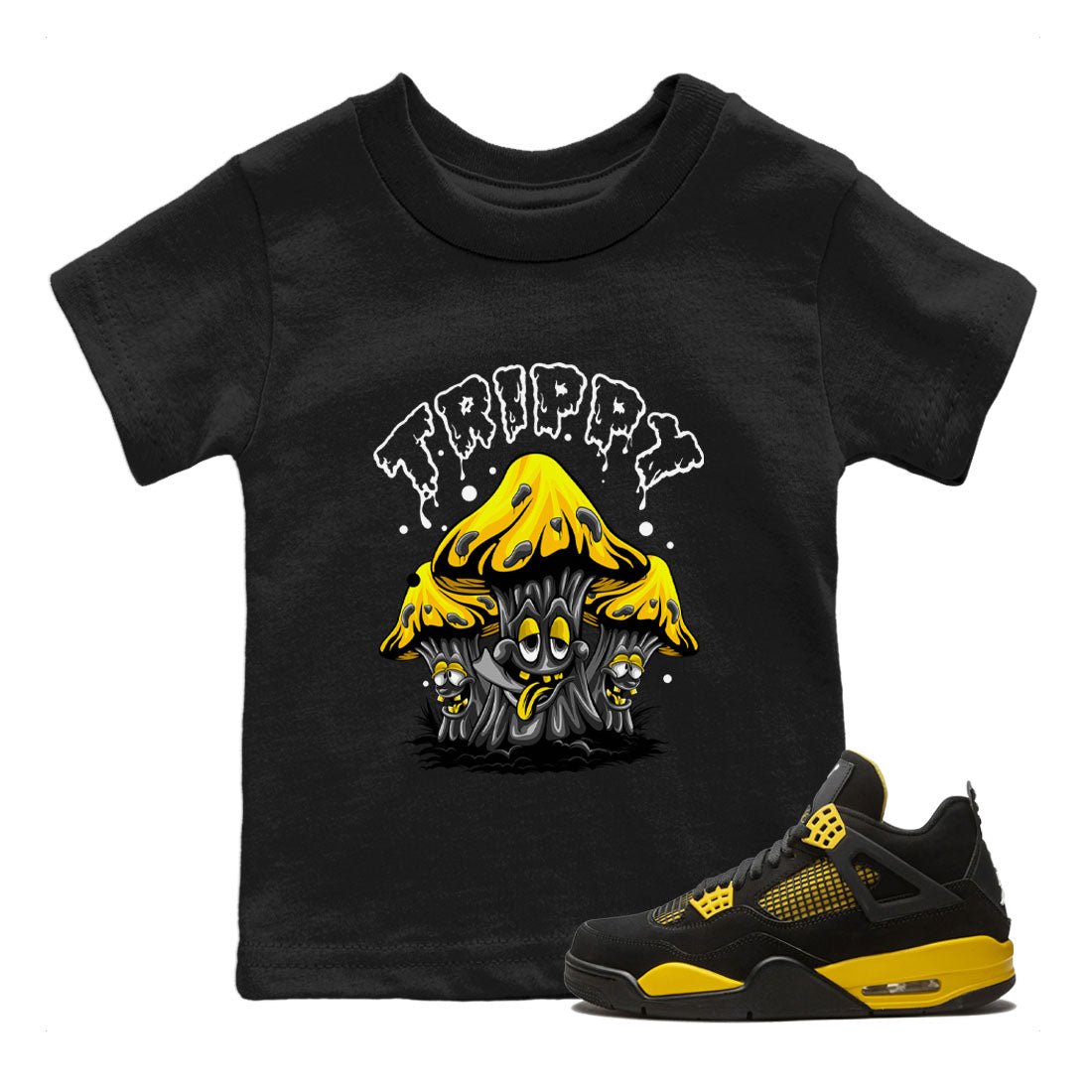 Air Jordan 4 Thunder Sneaker Match Tees Trippy Sneaker Tees Air Jordan 4 Retro Thunder Tee Kids Shirts Black 1