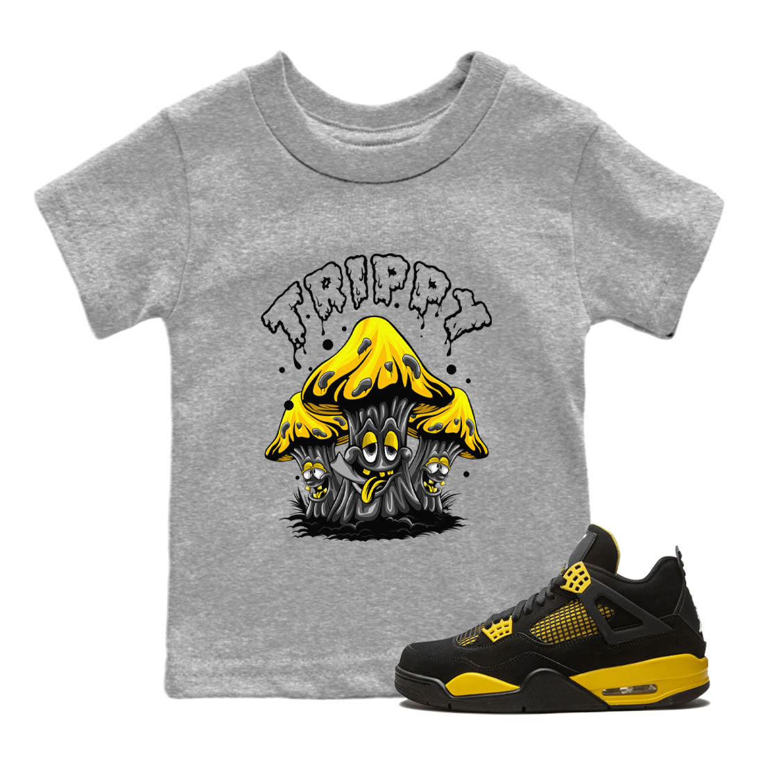 Air Jordan 4 Thunder Sneaker Match Tees Trippy Sneaker Tees Air Jordan 4 Retro Thunder Tee Kids Shirts Heather Grey 1