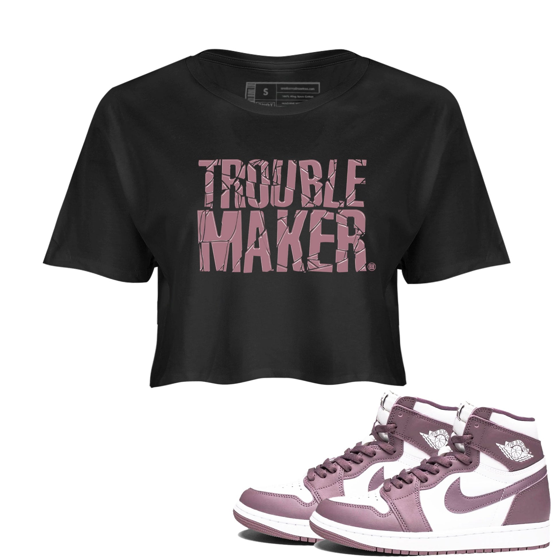 Air Jordan 1 Mauve shirt to match jordans Trouble Maker sneaker tees 1s High OG Mauve SNRT Sneaker Tees Black 1 Crop T-Shirt