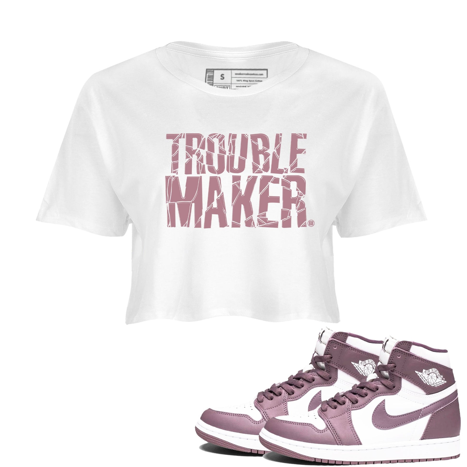 Air Jordan 1 Mauve shirt to match jordans Trouble Maker sneaker tees 1s High OG Mauve SNRT Sneaker Tees White 1 Crop T-Shirt