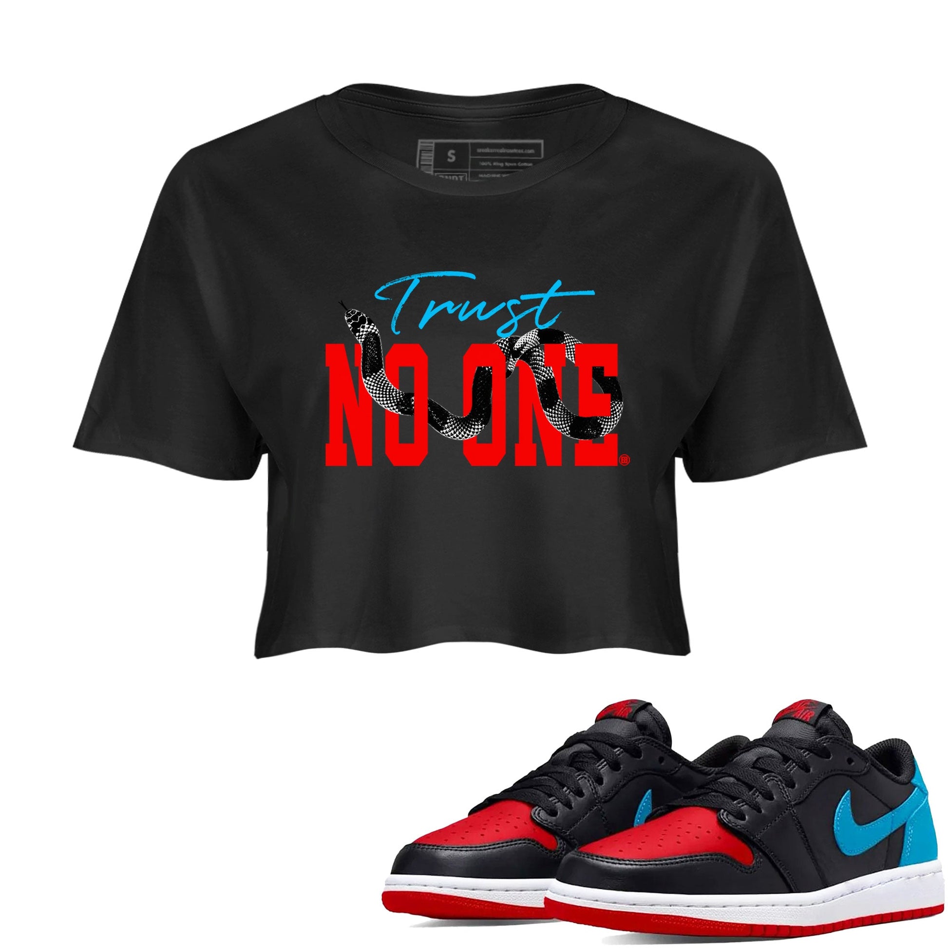 Jordan 1 Low UNC to Chicago shirt to match jordans Trust No One sneaker tees Air Jordan 1 UNC to Chicago SNRT Sneaker Release Tees Black 1 Crop T-Shirt