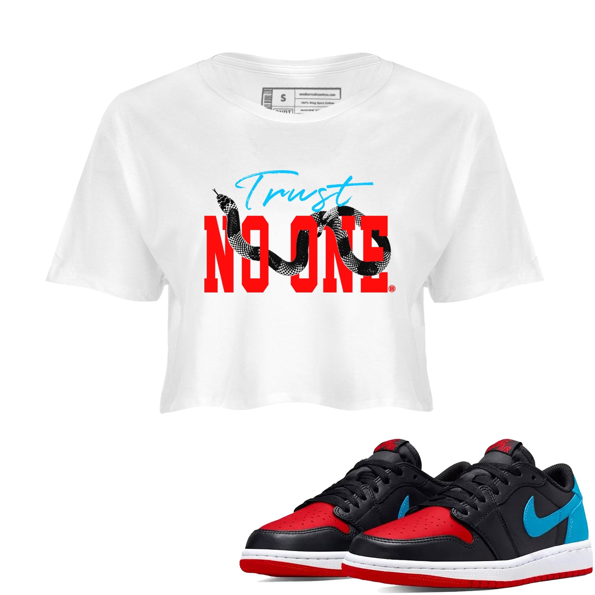 Jordan 1 Low UNC to Chicago shirt to match jordans Trust No One sneaker tees Air Jordan 1 UNC to Chicago SNRT Sneaker Release Tees White 1 Crop T-Shirt