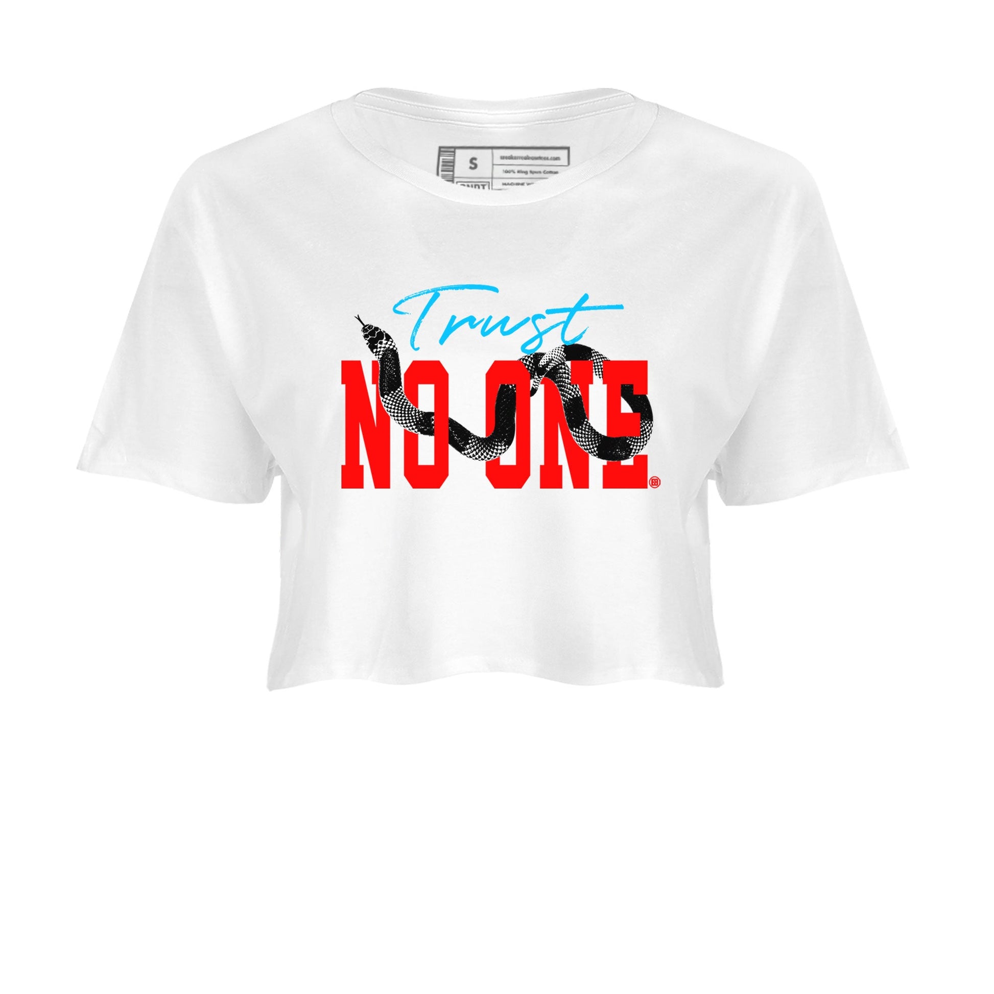 Jordan 1 Low UNC to Chicago shirt to match jordans Trust No One sneaker tees Air Jordan 1 UNC to Chicago SNRT Sneaker Release Tees White 2 Crop T-Shirt