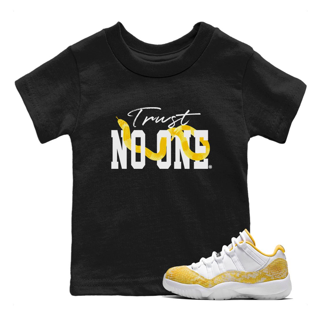 Air Jordan 11 Yellow Python Sneaker Match Tees Trust No One Sneaker Tees Air Jordan 11 Yellow Snakeskin Tee Kids Shirts Black 1