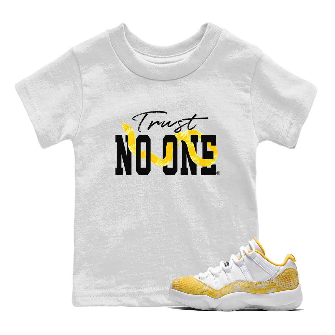 Air Jordan 11 Yellow Python Sneaker Match Tees Trust No One Sneaker Tees Air Jordan 11 Yellow Snakeskin Tee Kids Shirts White 1