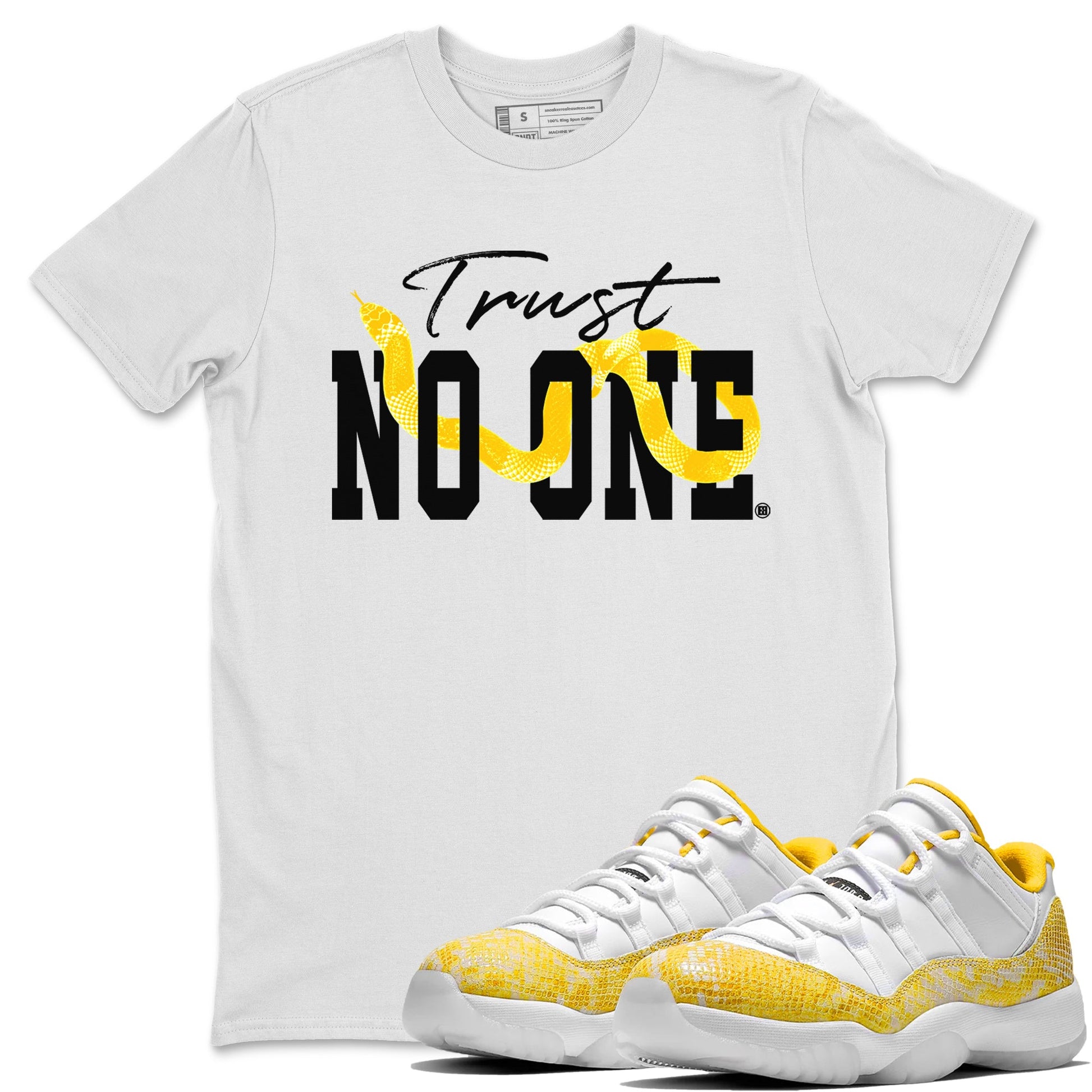 Air Jordan 11 Yellow Python Sneaker Match Tees Trust No One Sneaker Tees Air Jordan 11 Yellow Snakeskin Tee Unisex Shirts White 1