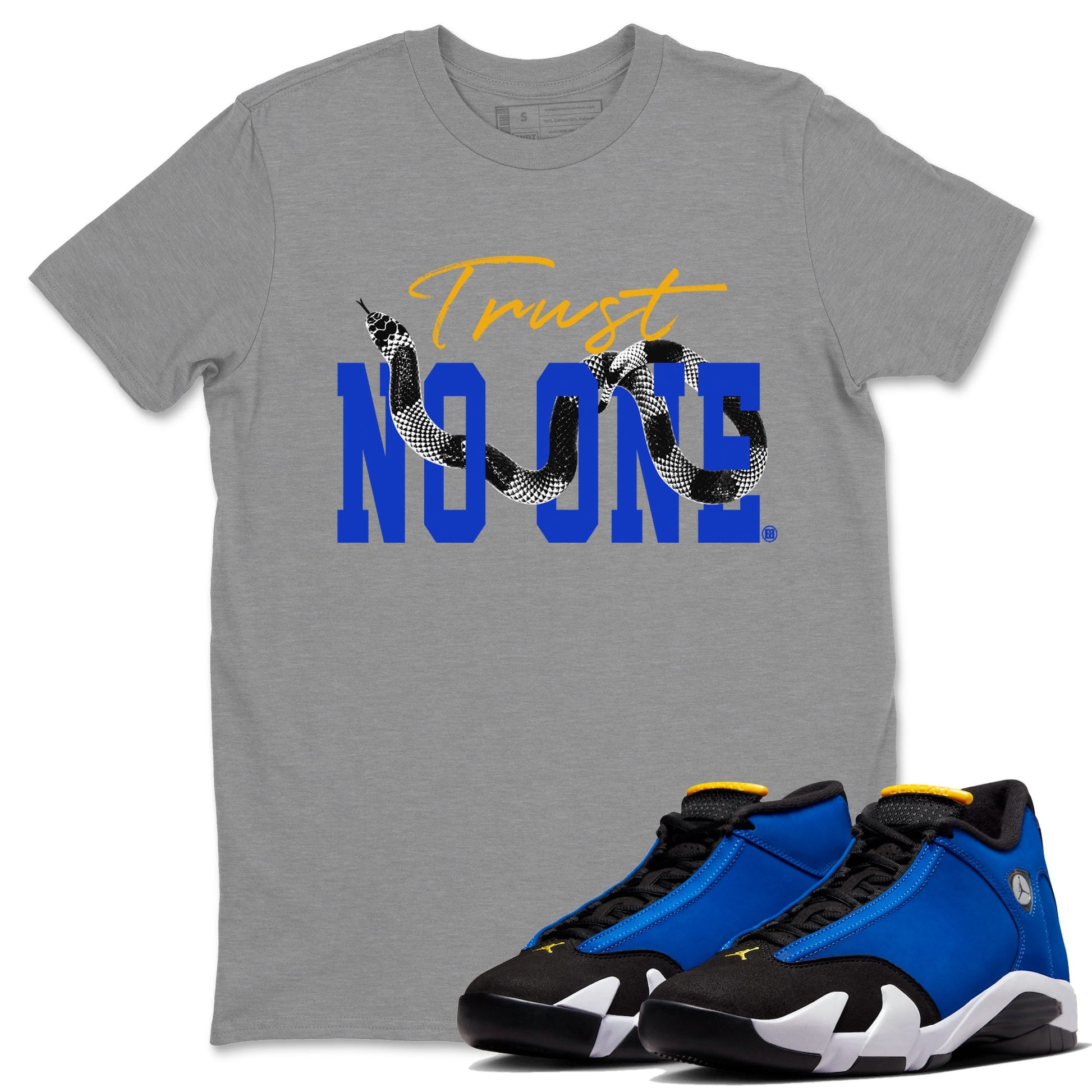 Air Jordan 14 Laney Sneaker Match Tees Trust No One Sneaker Tees Jordan 14 Laney Sneaker Release Tees Unisex Shirts Heather Grey 1