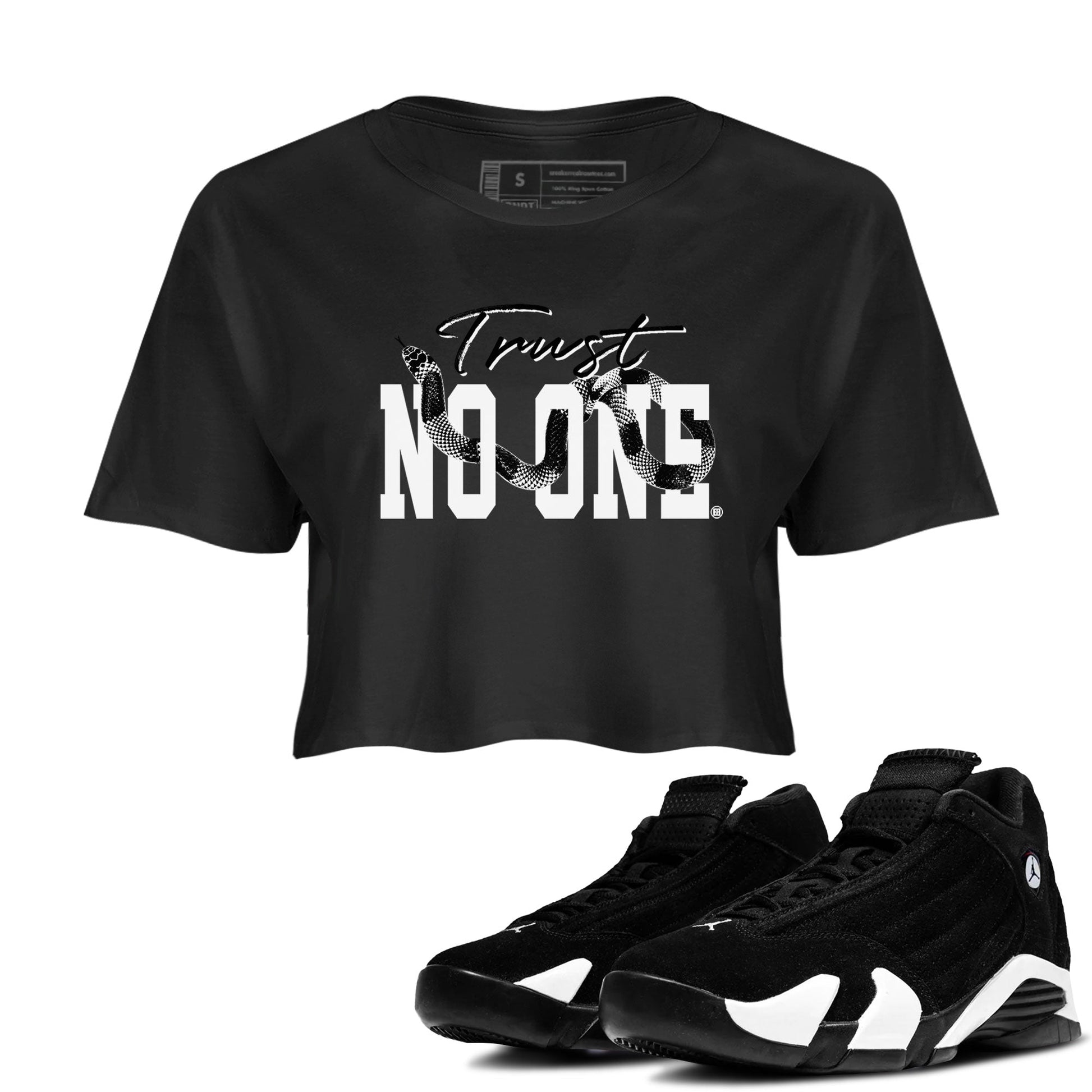 14s Panda shirt to match jordans Trust No One sneaker match tee Air Jordan 14 Panda AJ14 Black White SNRT Sneaker Tees Black 1 women's crop tee