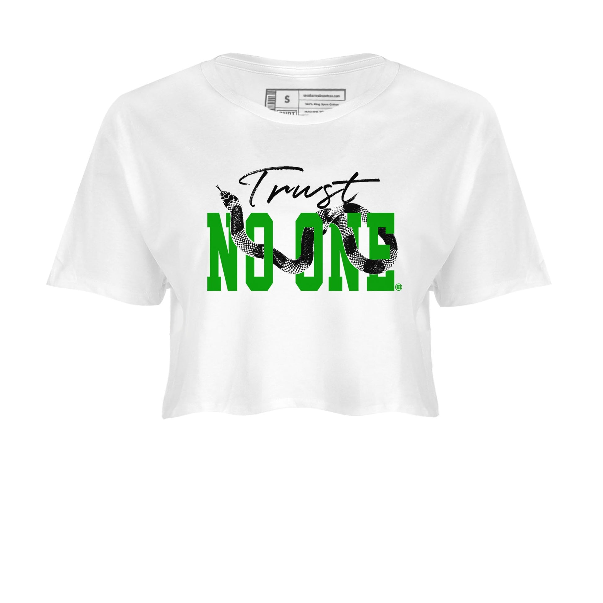 Air Jordan 5 Retro Lucky Green shirt to match jordans Trust No One sneaker tees streetwear brand Air Jordan 5 Lucky Green SNRT Sneaker Release Tees White 2 crop length shirt