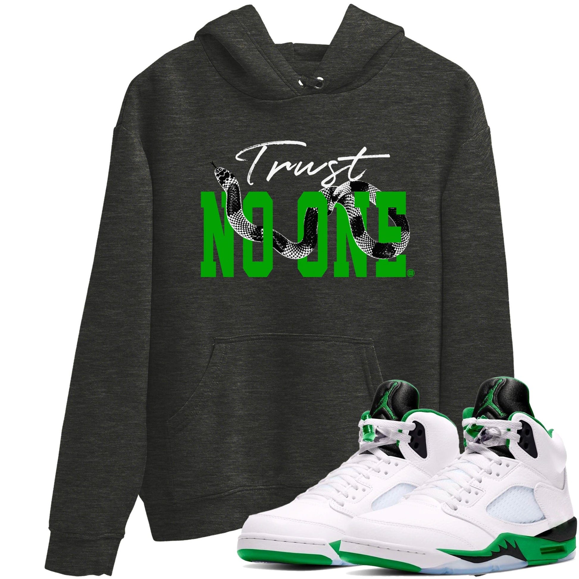 Air Jordan 5 Retro Lucky Green shirt to match jordans Trust No One sneaker tees streetwear brand Air Jordan 5 Lucky Green SNRT Sneaker Release Tees unisex cotton Charcoal Heather 1 crew neck shirt