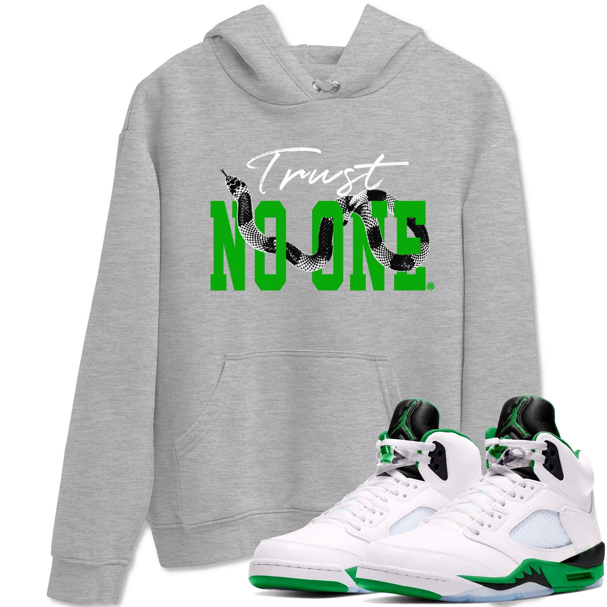 Air Jordan 5 Retro Lucky Green shirt to match jordans Trust No One sneaker tees streetwear brand Air Jordan 5 Lucky Green SNRT Sneaker Release Tees unisex cotton Heather Grey 1 crew neck shirt