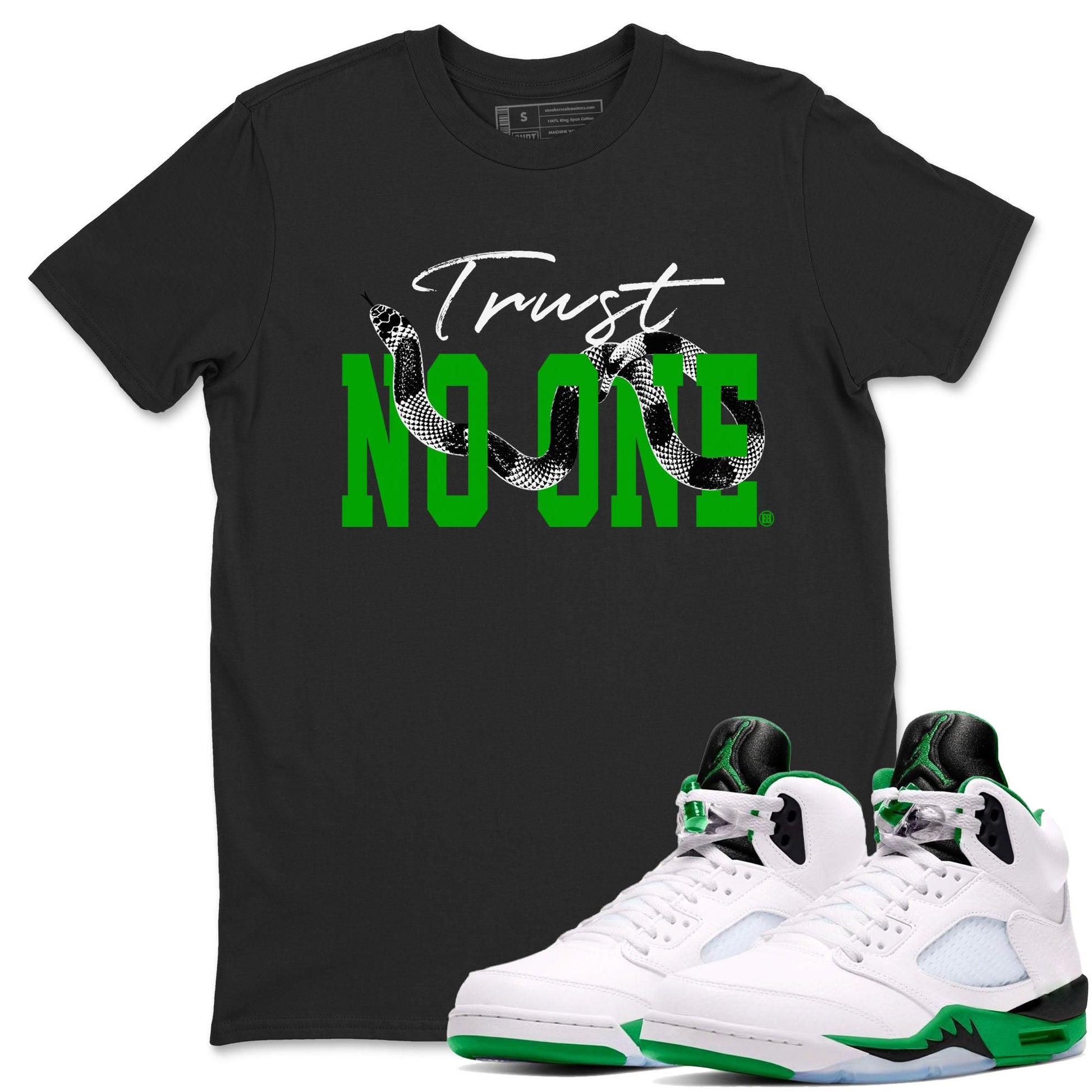 Air Jordan 5 Retro Lucky Green shirt to match jordans Trust No One sneaker tees streetwear brand Air Jordan 5 Lucky Green SNRT Sneaker Release Tees unisex cotton Black 1 crew neck shirt