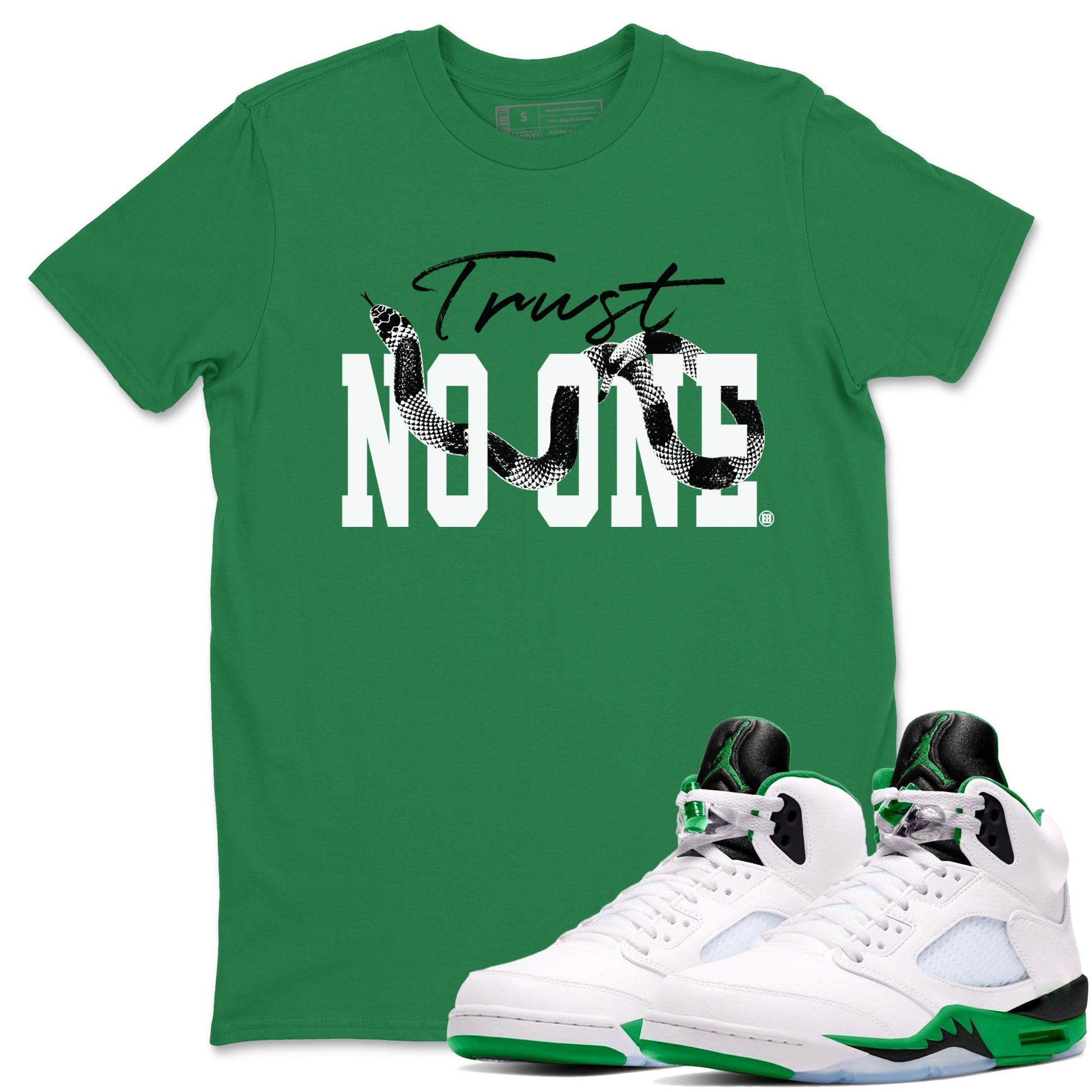 Air Jordan 5 Retro Lucky Green shirt to match jordans Trust No One sneaker tees streetwear brand Air Jordan 5 Lucky Green SNRT Sneaker Release Tees unisex cotton Kelly Green 1 crew neck shirt