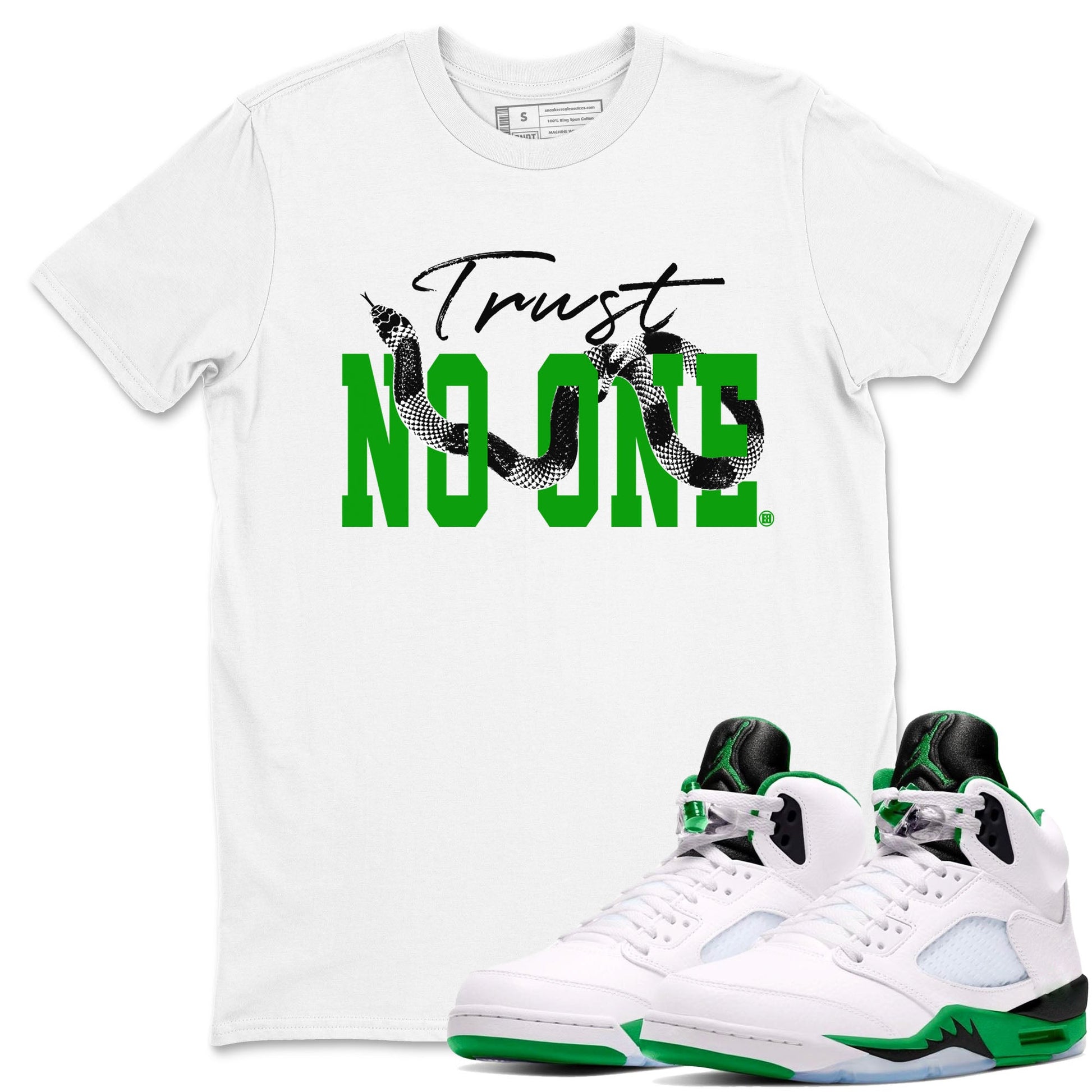 Air Jordan 5 Retro Lucky Green shirt to match jordans Trust No One sneaker tees streetwear brand Air Jordan 5 Lucky Green SNRT Sneaker Release Tees unisex cotton White 1 crew neck shirt