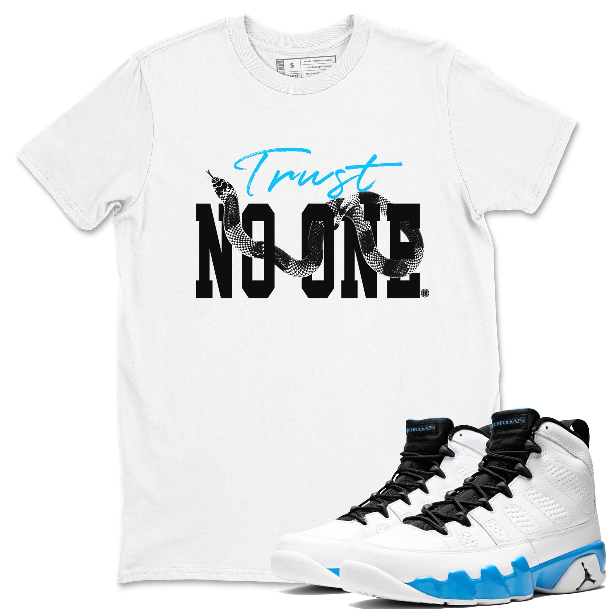 9s Powder Blue shirt to match jordans Trust No One sneaker tees Air Jordan 9 Powder Blue SNRT Sneaker Release Tees unisex cotton White 1 crew neck shirt
