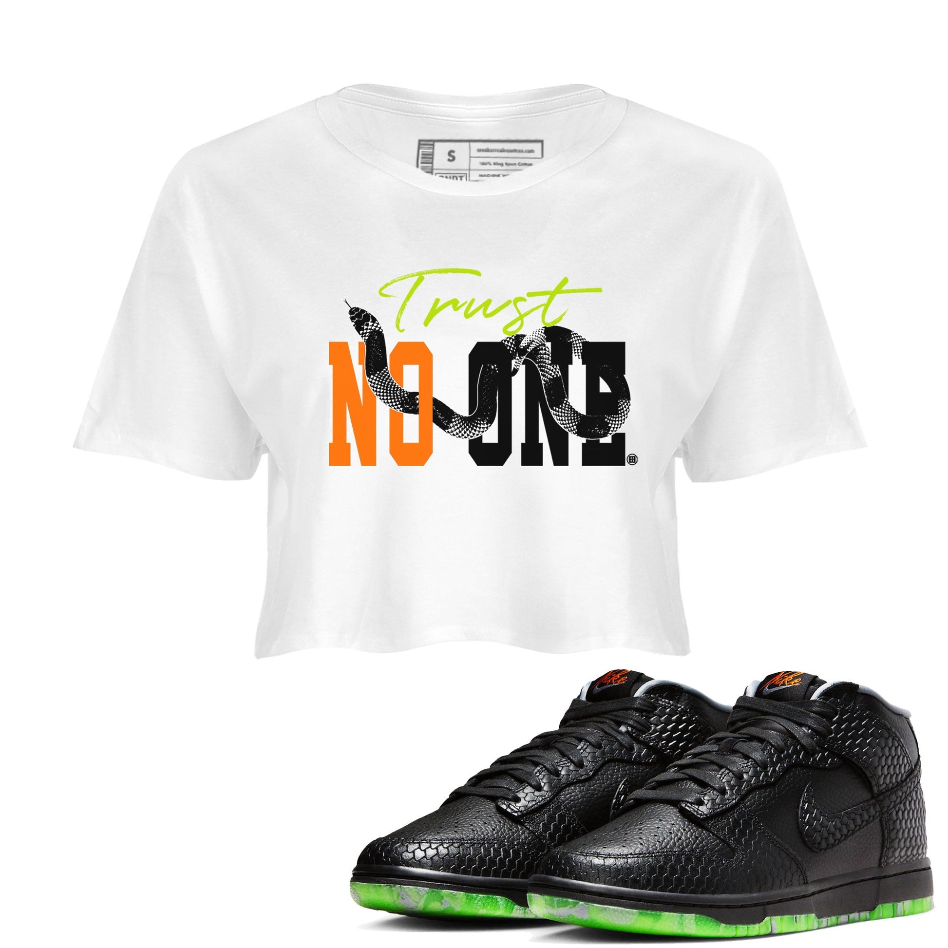 Dunk Mid Premium shirt to match jordans Trust No One sneaker tees Special Halloween Costume Dunk Mid Halloween SNRT Sneaker Tees White 1 Crop T-Shirt